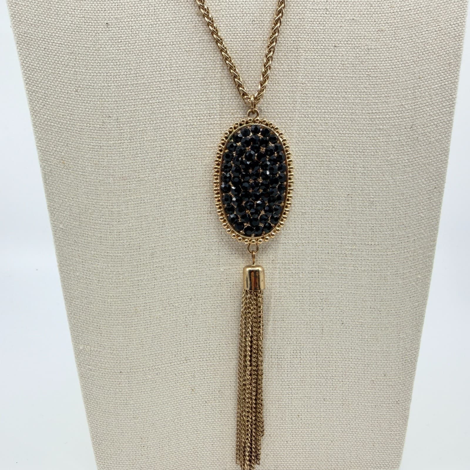 Vintage Gold Tone Black Rhinestone Pendant Necklace Chain Tassel Statement Boho - Thumbnail 2