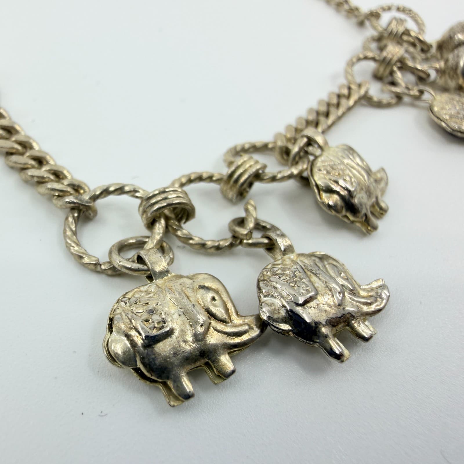 Vintage Silver Tone Elephant Charm Bracelet Chunky Statement Boho Dangling Bells - Thumbnail 2