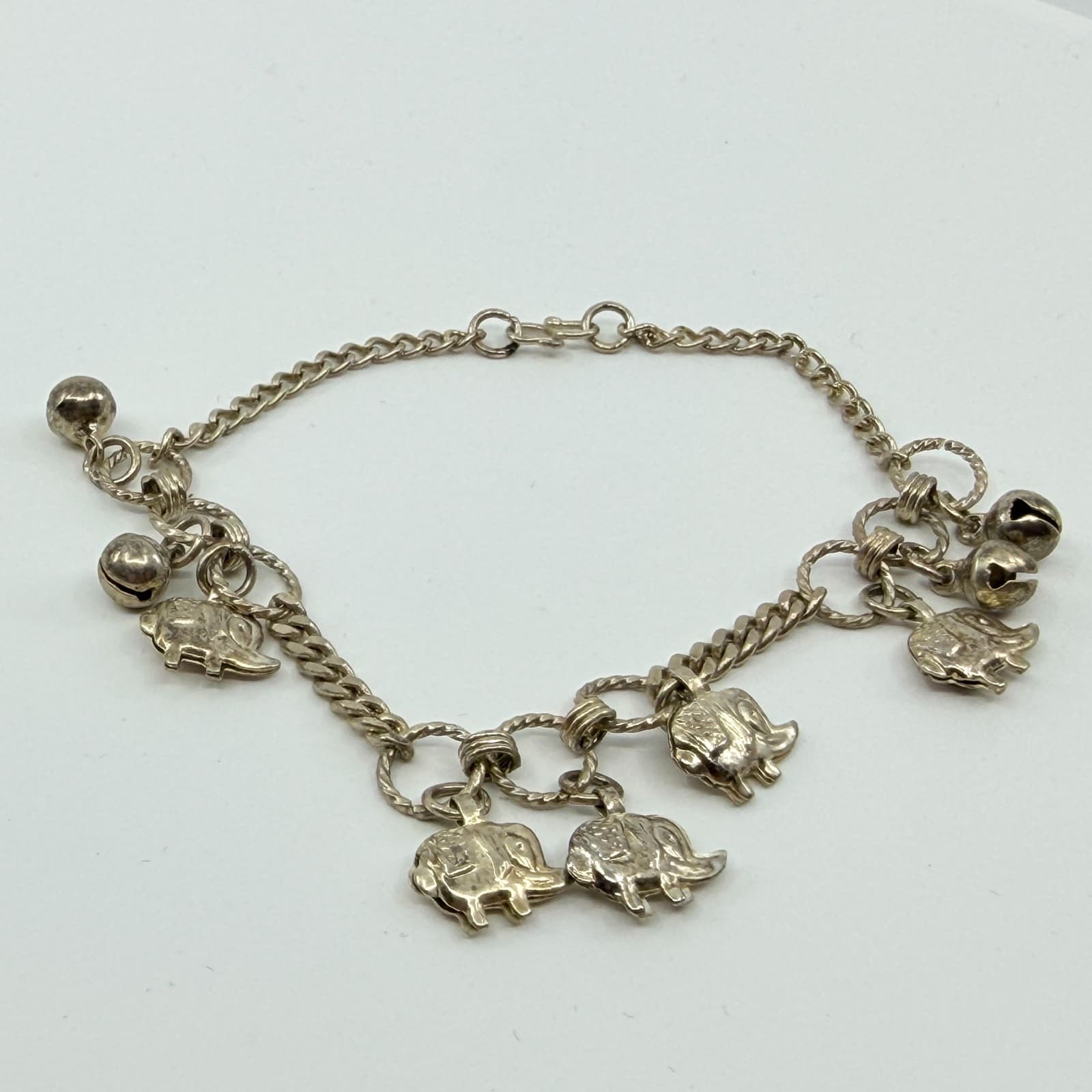 Vintage Silver Tone Elephant Charm Bracelet Chunky Statement Boho Dangling Bells - Thumbnail 6