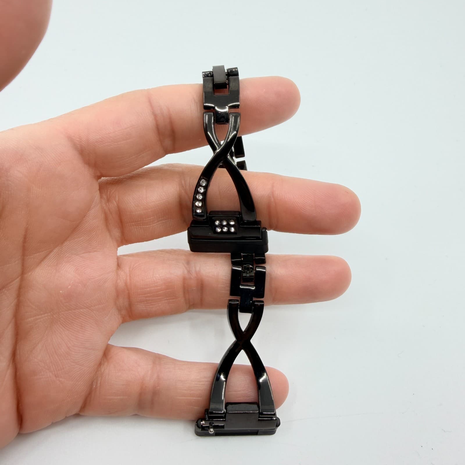 Black Metal Link Smartwatch Band Rhinestone Accent Replacement Strap 7 Inch Boho - Thumbnail 6