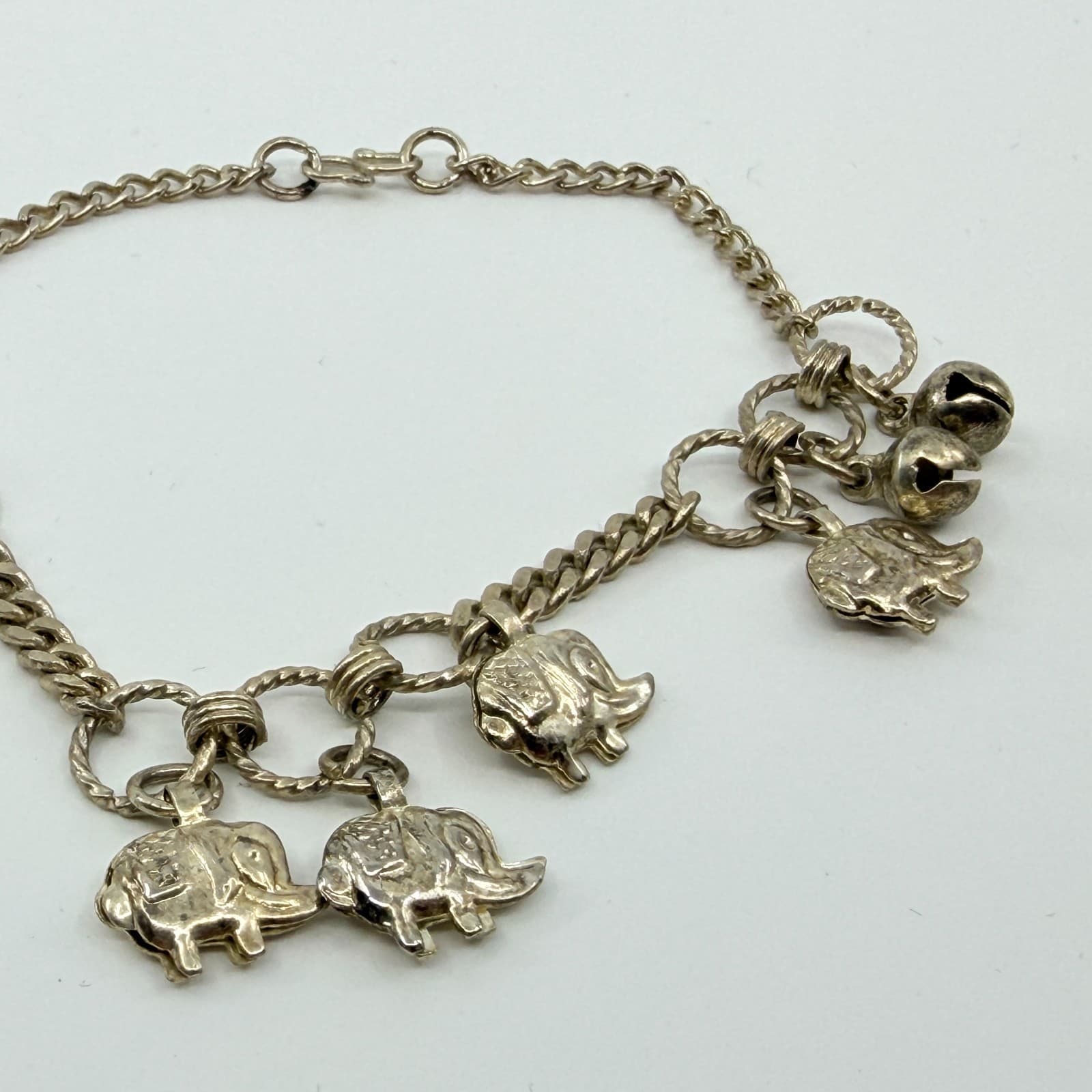 Vintage Silver Tone Elephant Charm Bracelet Chunky Statement Boho Dangling Bells - Thumbnail 5