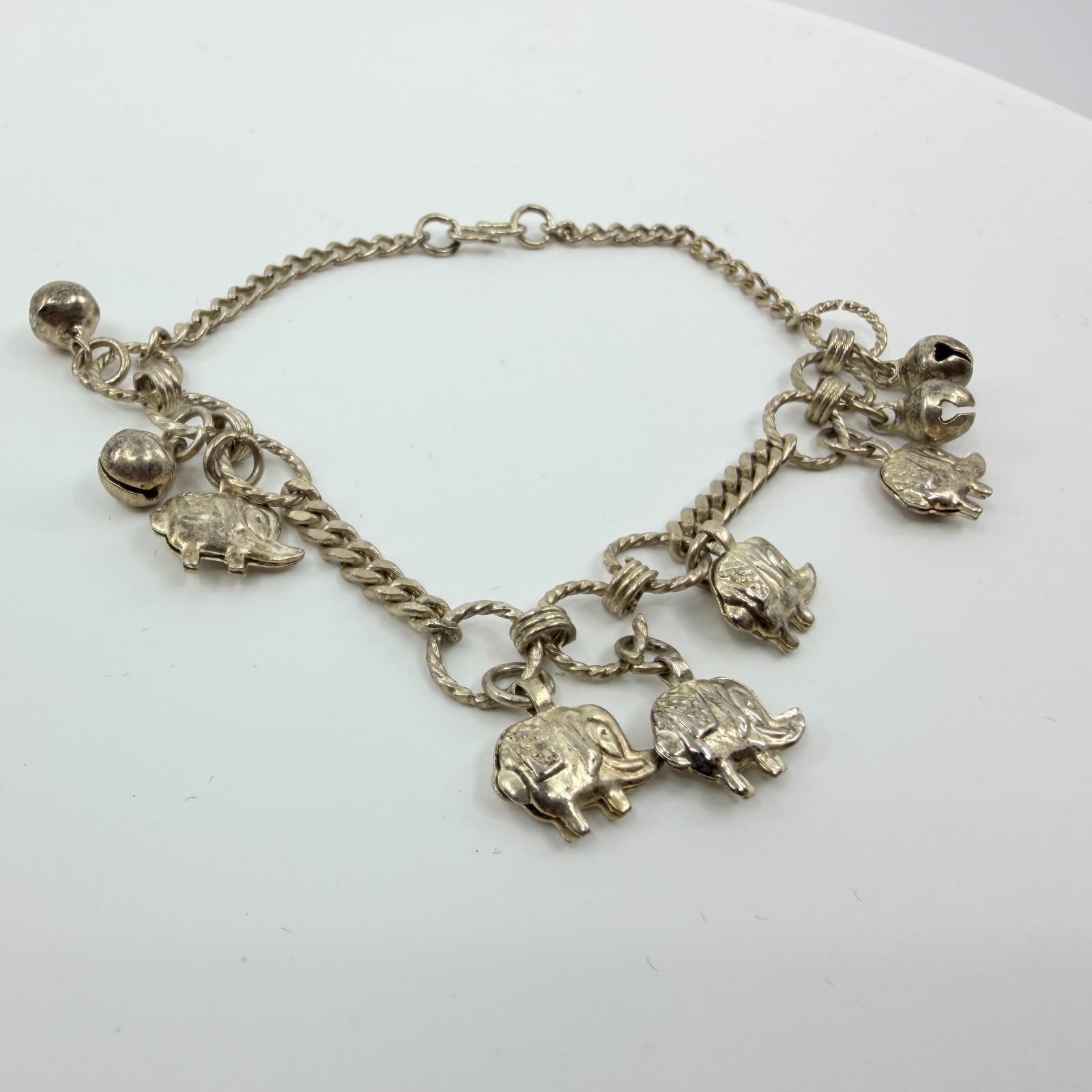 Vintage Silver Tone Elephant Charm Bracelet Chunky Statement Boho Dangling Bells - Thumbnail 3