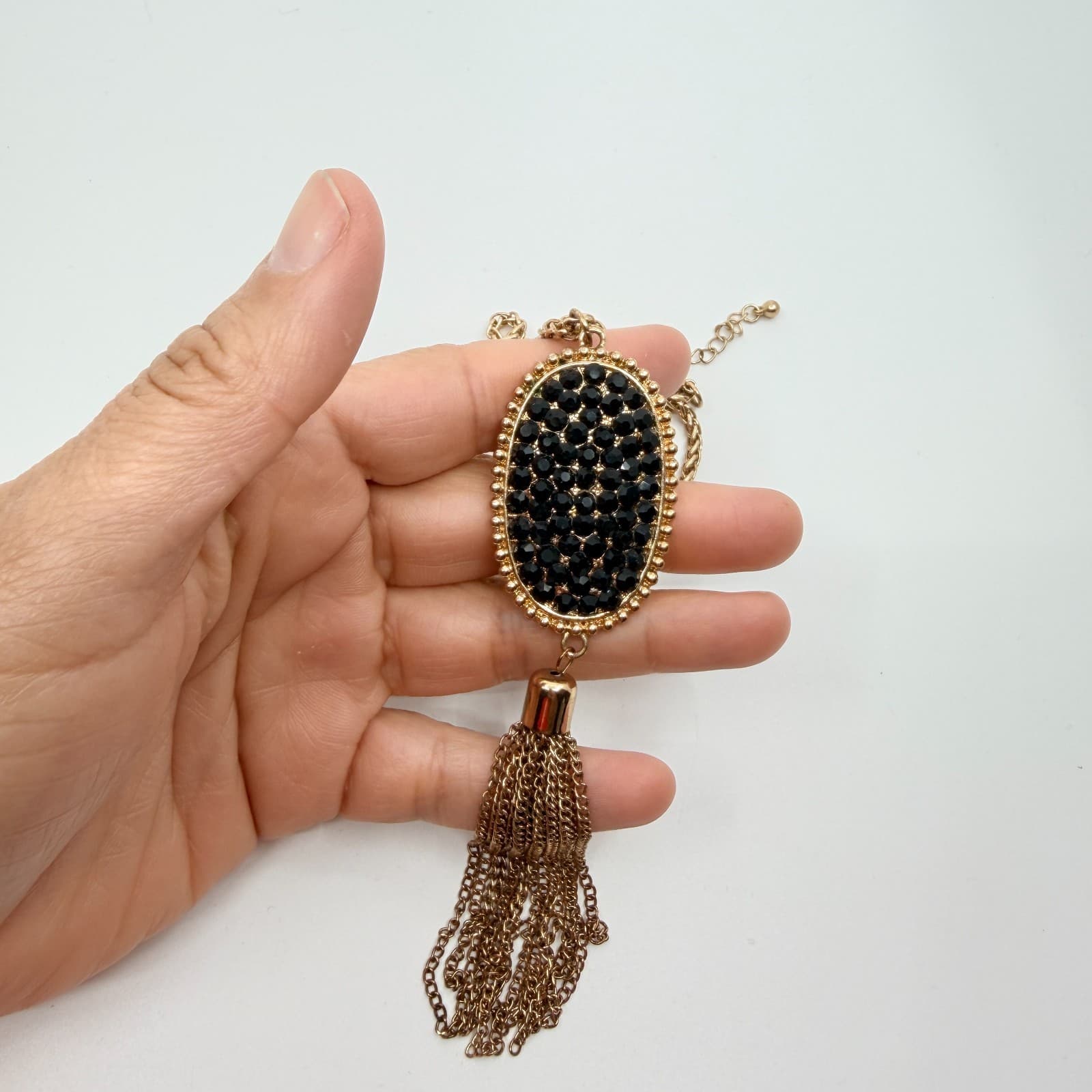 Vintage Gold Tone Black Rhinestone Pendant Necklace Chain Tassel Statement Boho - Thumbnail 6