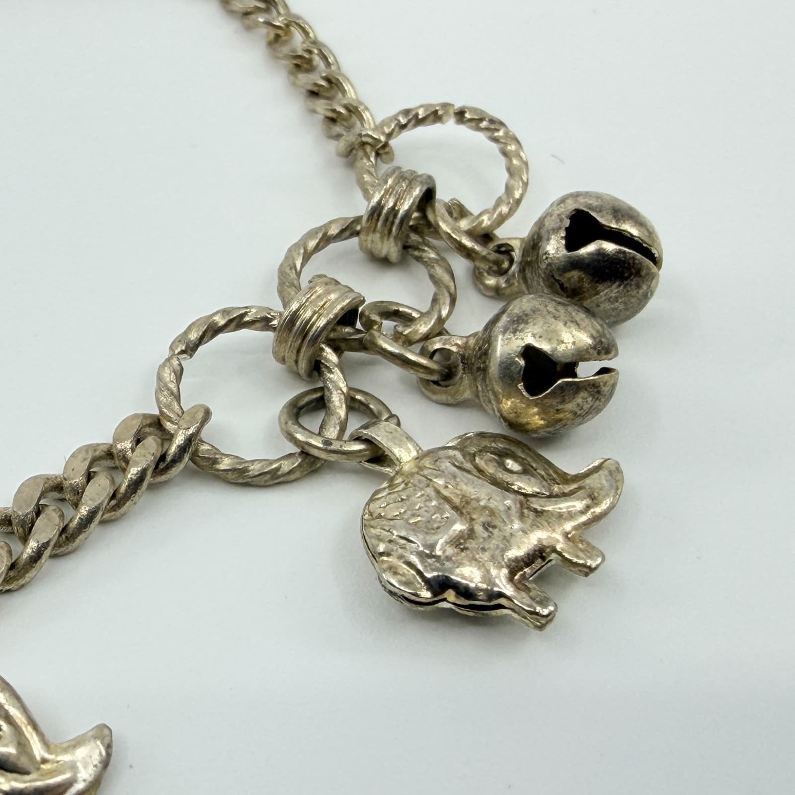 Vintage Silver Tone Elephant Charm Bracelet Chunky Statement Boho Dangling Bells - Thumbnail 4