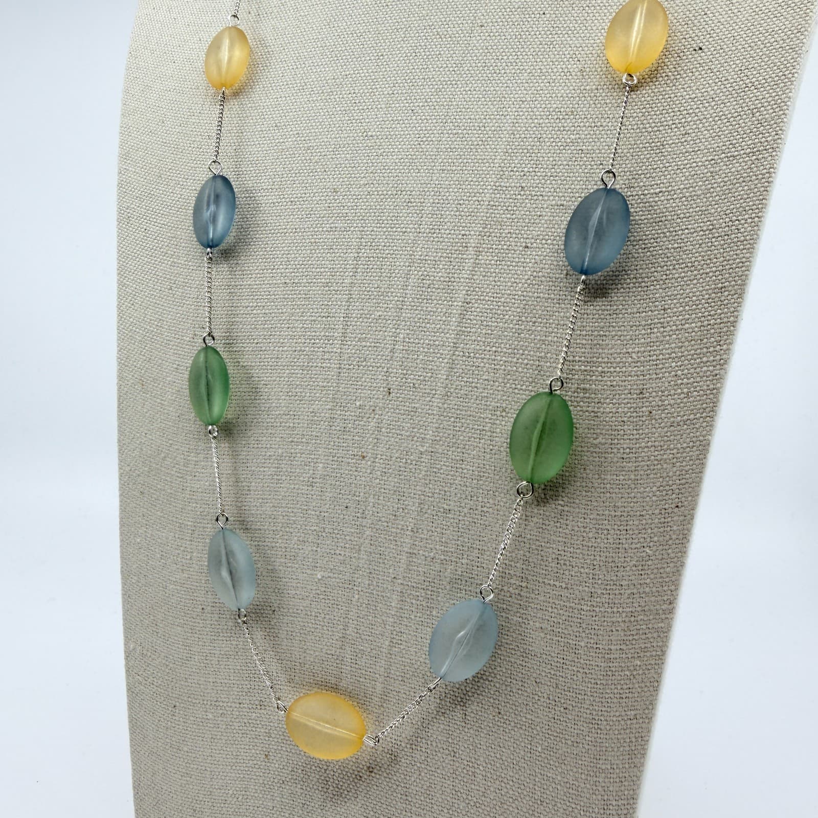 Vintage Silver Tone Frosted Glass Necklace Multi Color Station Long Strand Boho - Thumbnail 5