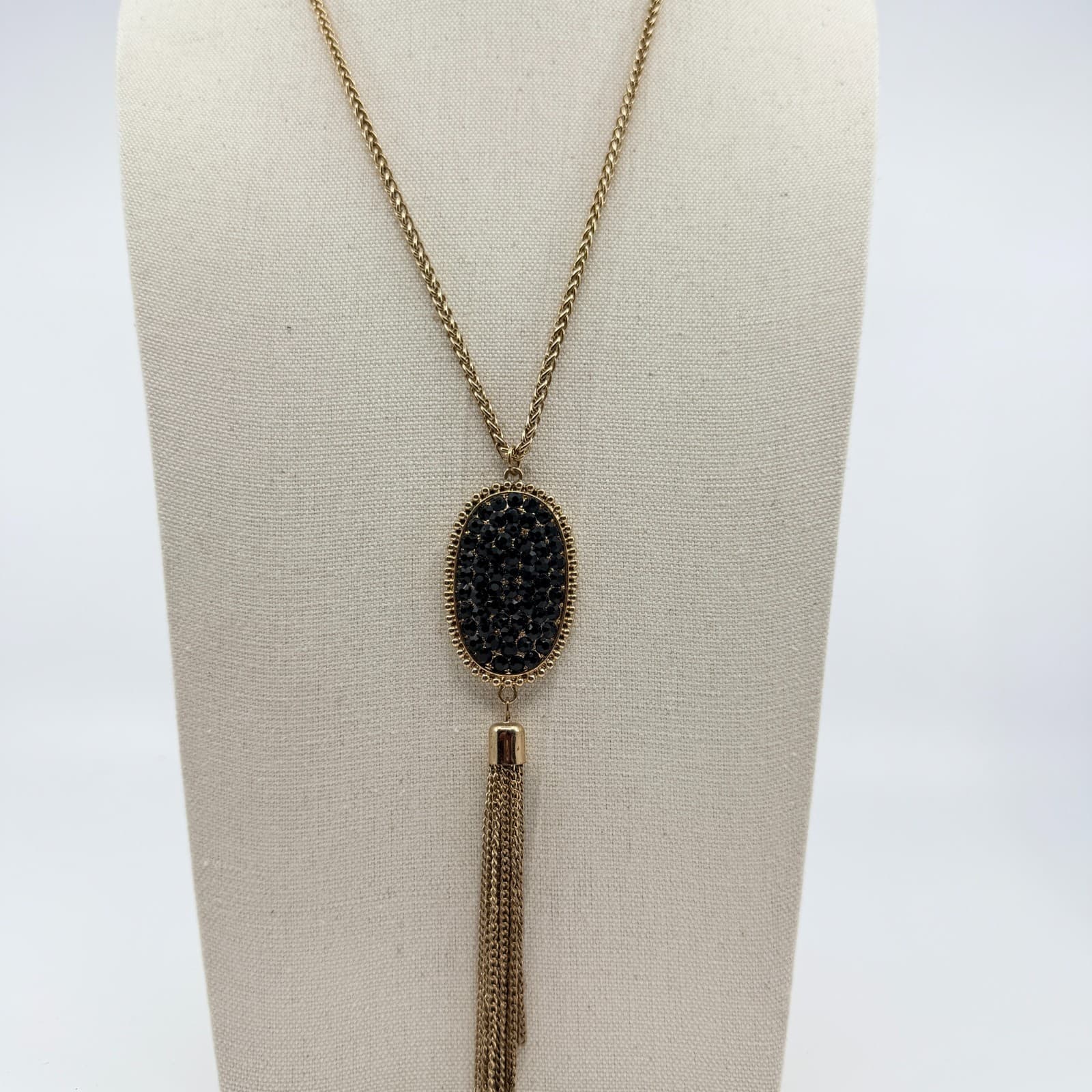 Vintage Gold Tone Black Rhinestone Pendant Necklace Chain Tassel Statement Boho - Thumbnail 4