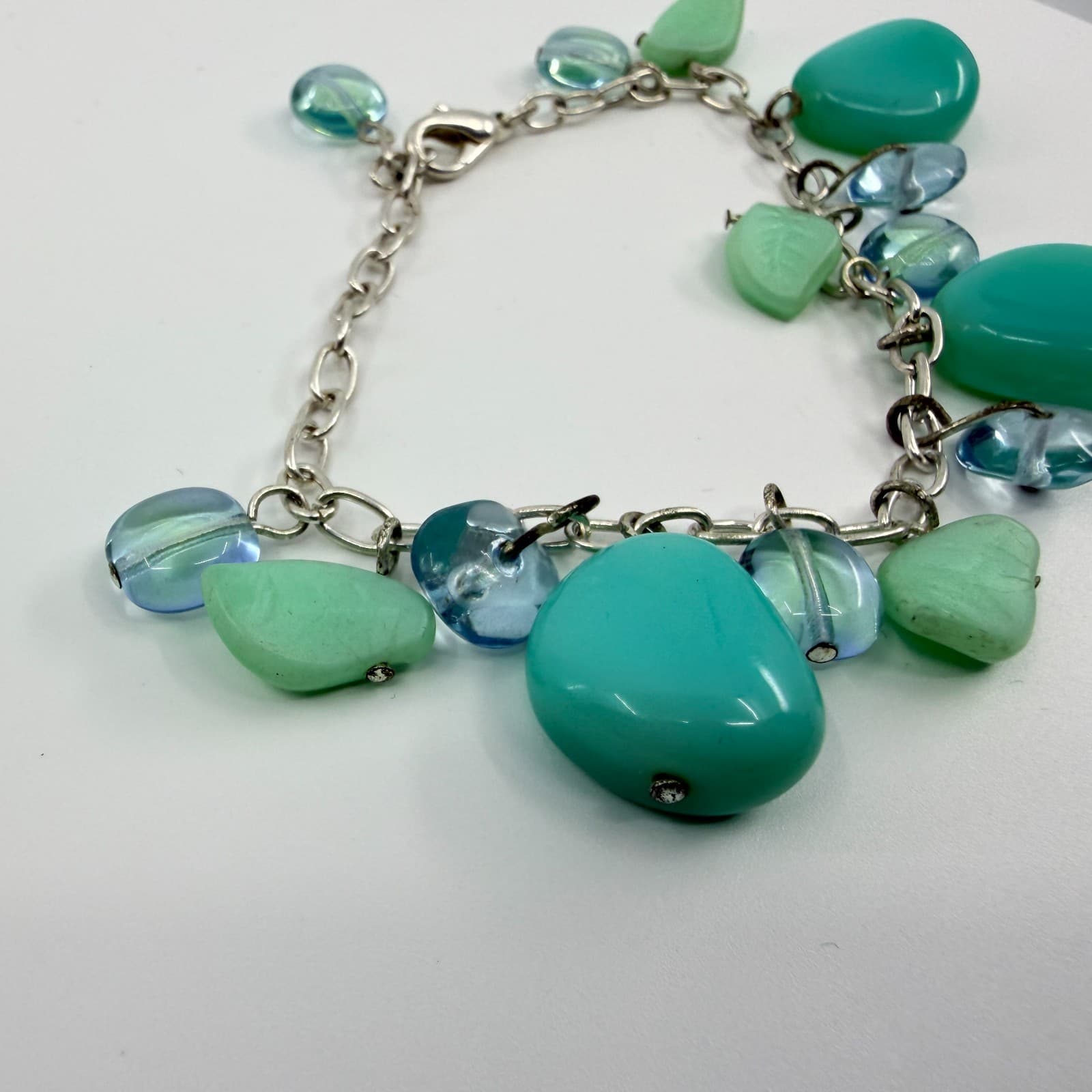 Vintage Silver Tone Simulated Turquoise Teardrop Charm Bracelet Boho Retro 90s - Thumbnail 4