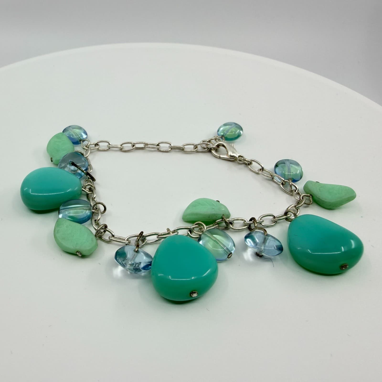Vintage Silver Tone Simulated Turquoise Teardrop Charm Bracelet Boho Retro 90s - Thumbnail 2