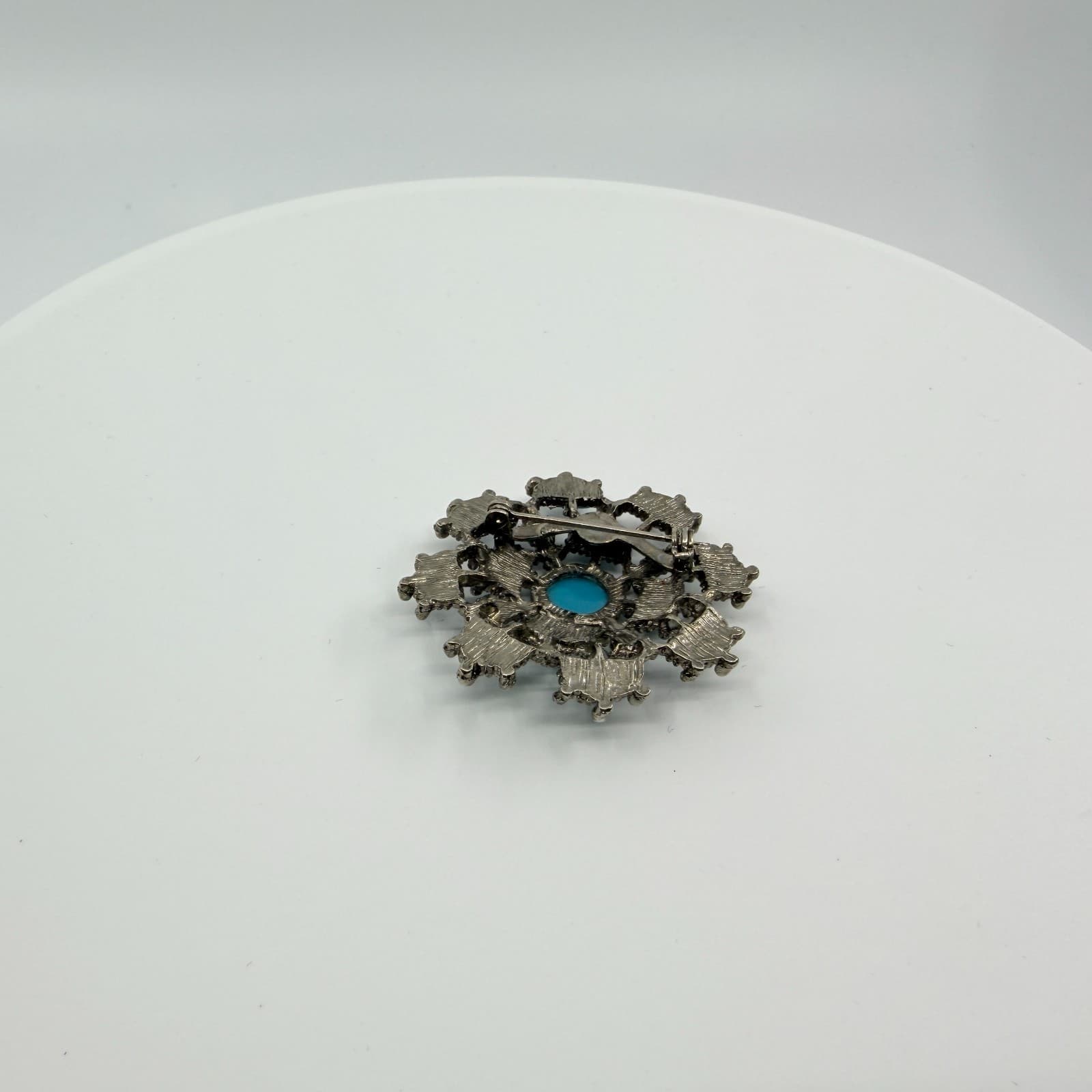 Vintage Silver Tone Simulated Turquoise Flower Brooch Pin Boho Retro Ornate 90s - Thumbnail 6