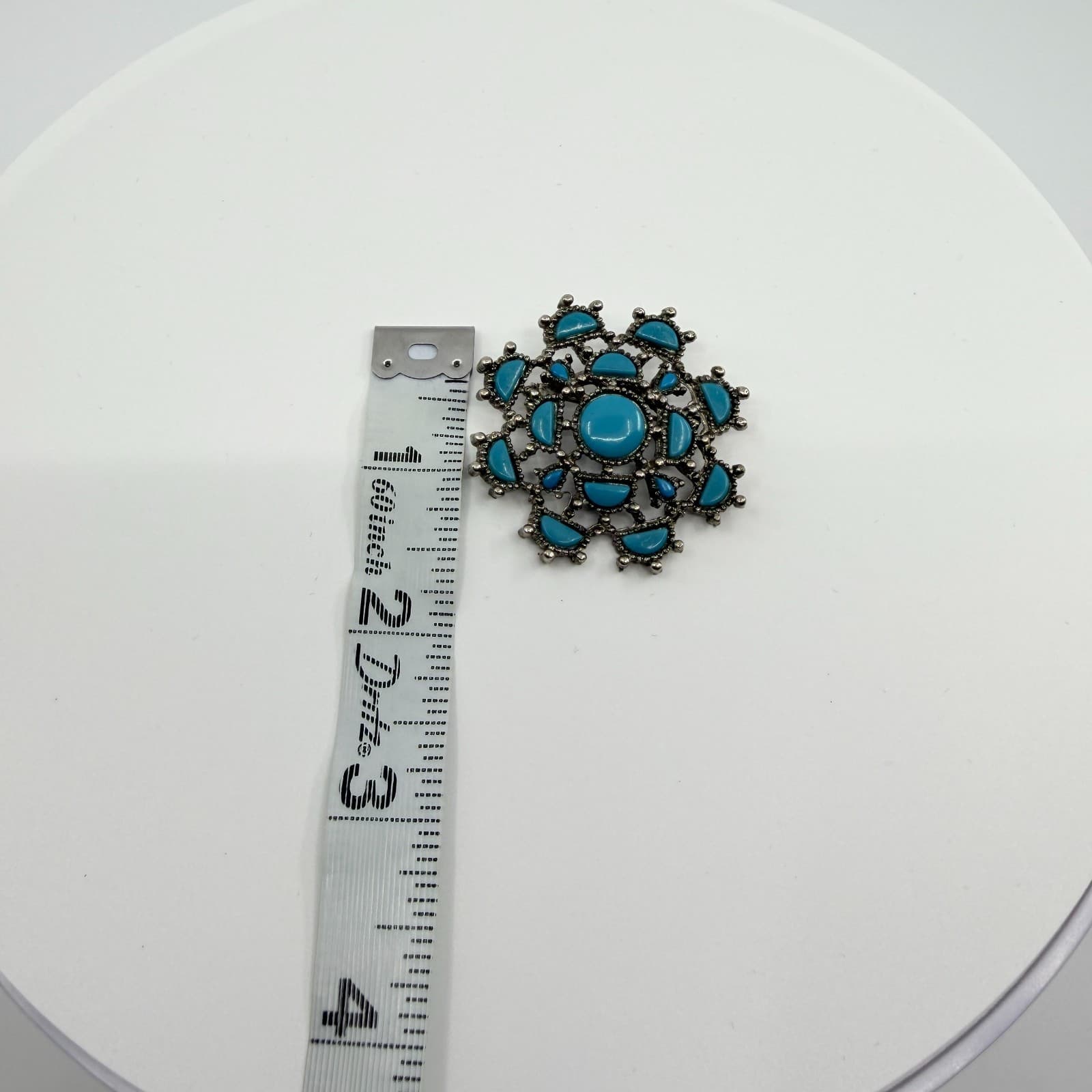 Vintage Silver Tone Simulated Turquoise Flower Brooch Pin Boho Retro Ornate 90s - Thumbnail 8