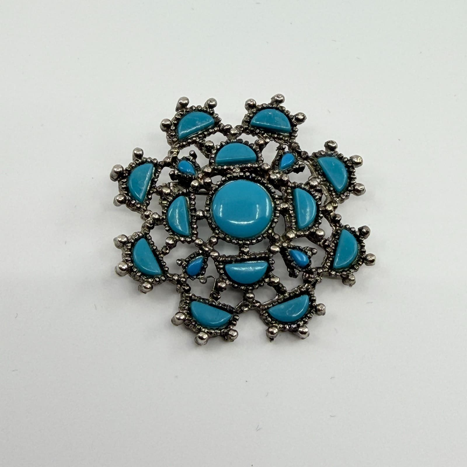 Vintage Silver Tone Simulated Turquoise Flower Brooch Pin Boho Retro Ornate 90s - Thumbnail 2