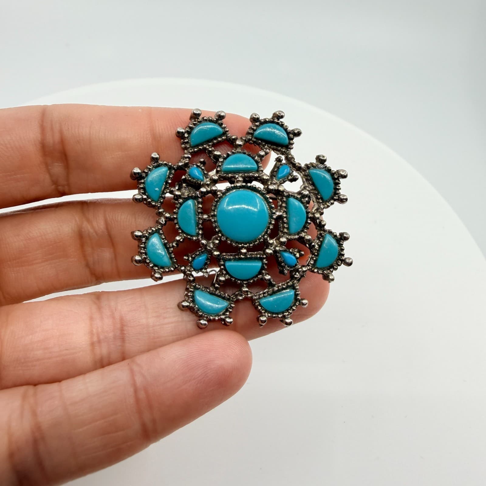 Vintage Silver Tone Simulated Turquoise Flower Brooch Pin Boho Retro Ornate 90s - Thumbnail 7