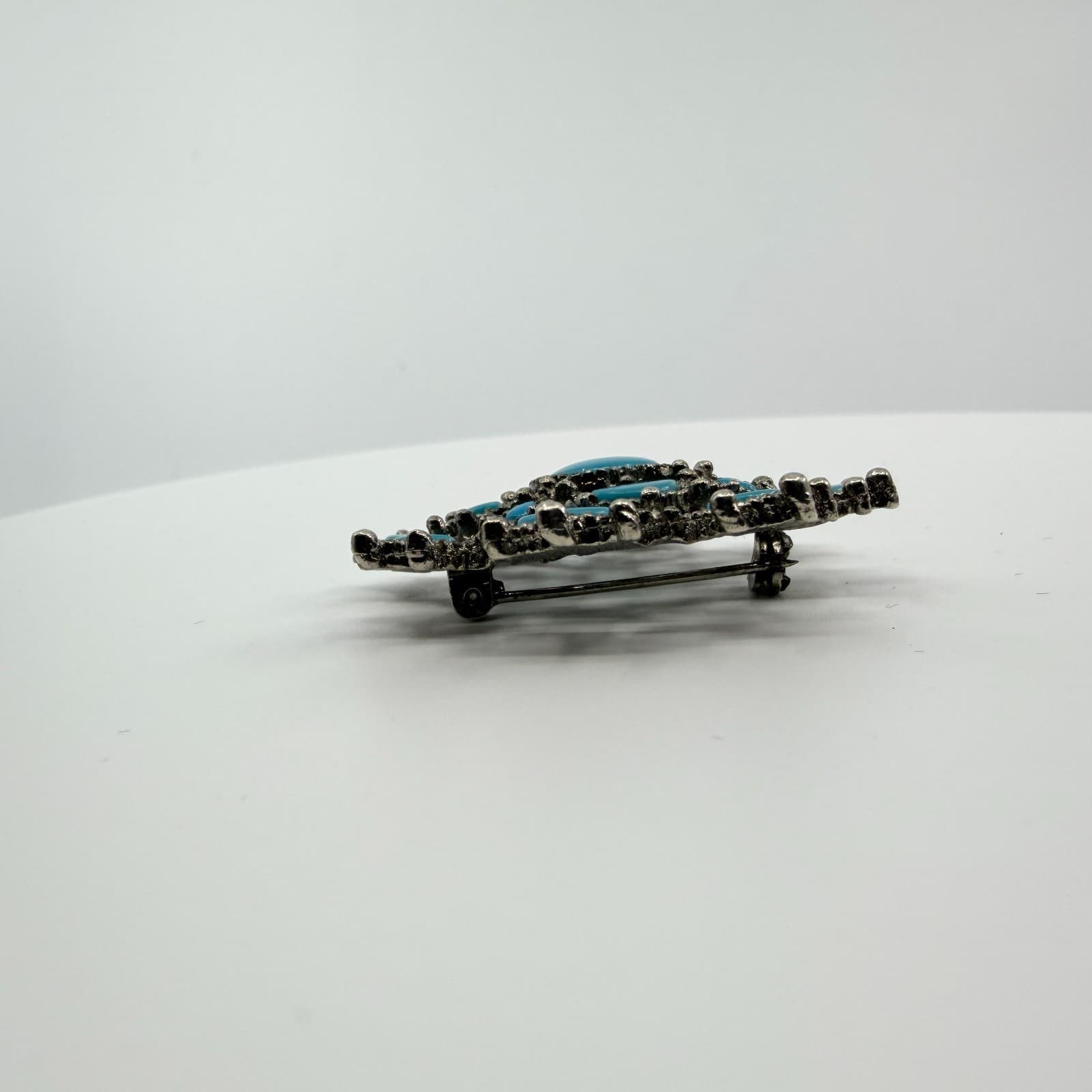 Vintage Silver Tone Simulated Turquoise Flower Brooch Pin Boho Retro Ornate 90s - Thumbnail 4