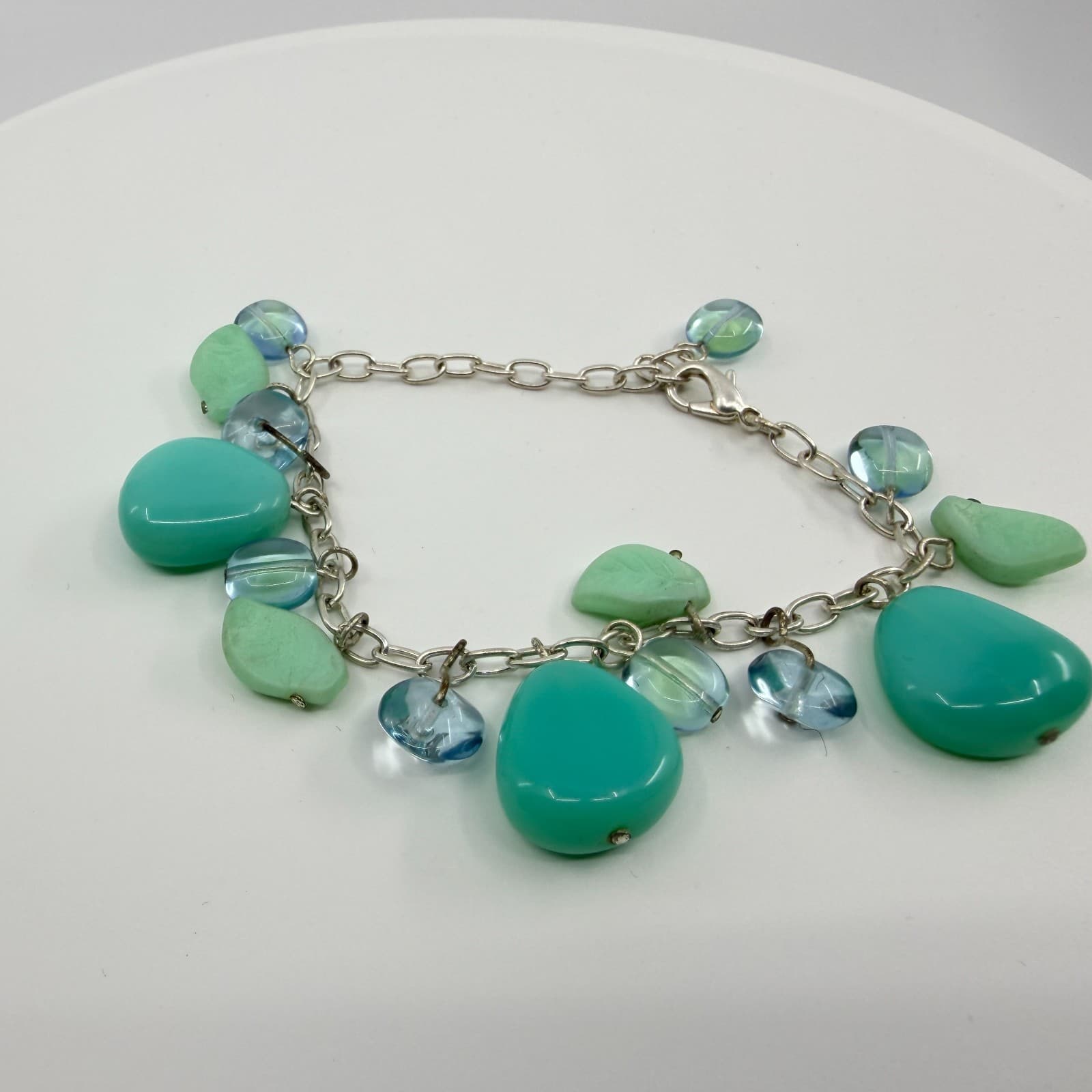 Vintage Silver Tone Simulated Turquoise Teardrop Charm Bracelet Boho Retro 90s - Thumbnail 5