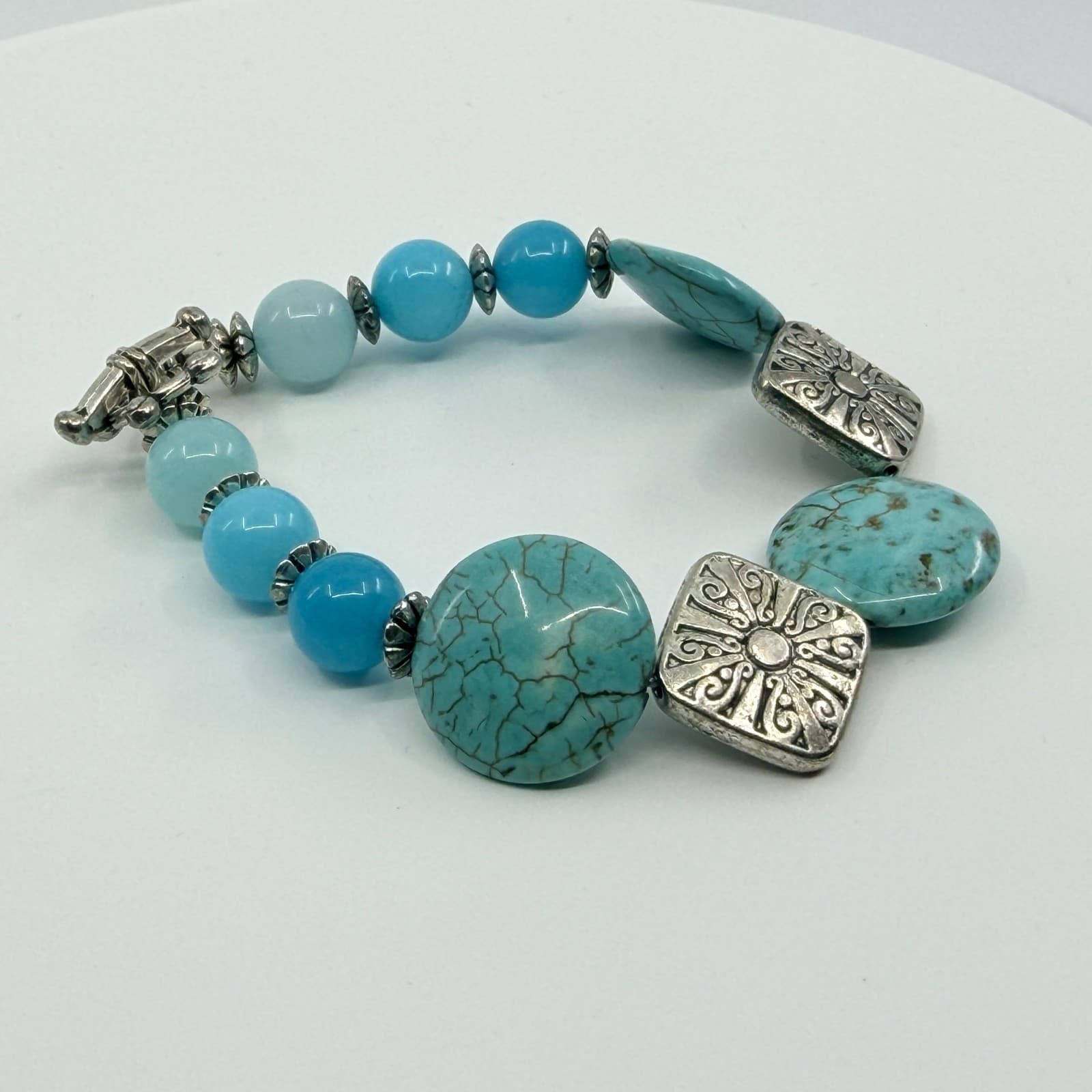 Vintage Silver Tone Simulated Turquoise Large Pebble Bead Bracelet Boho Retro - Thumbnail 7