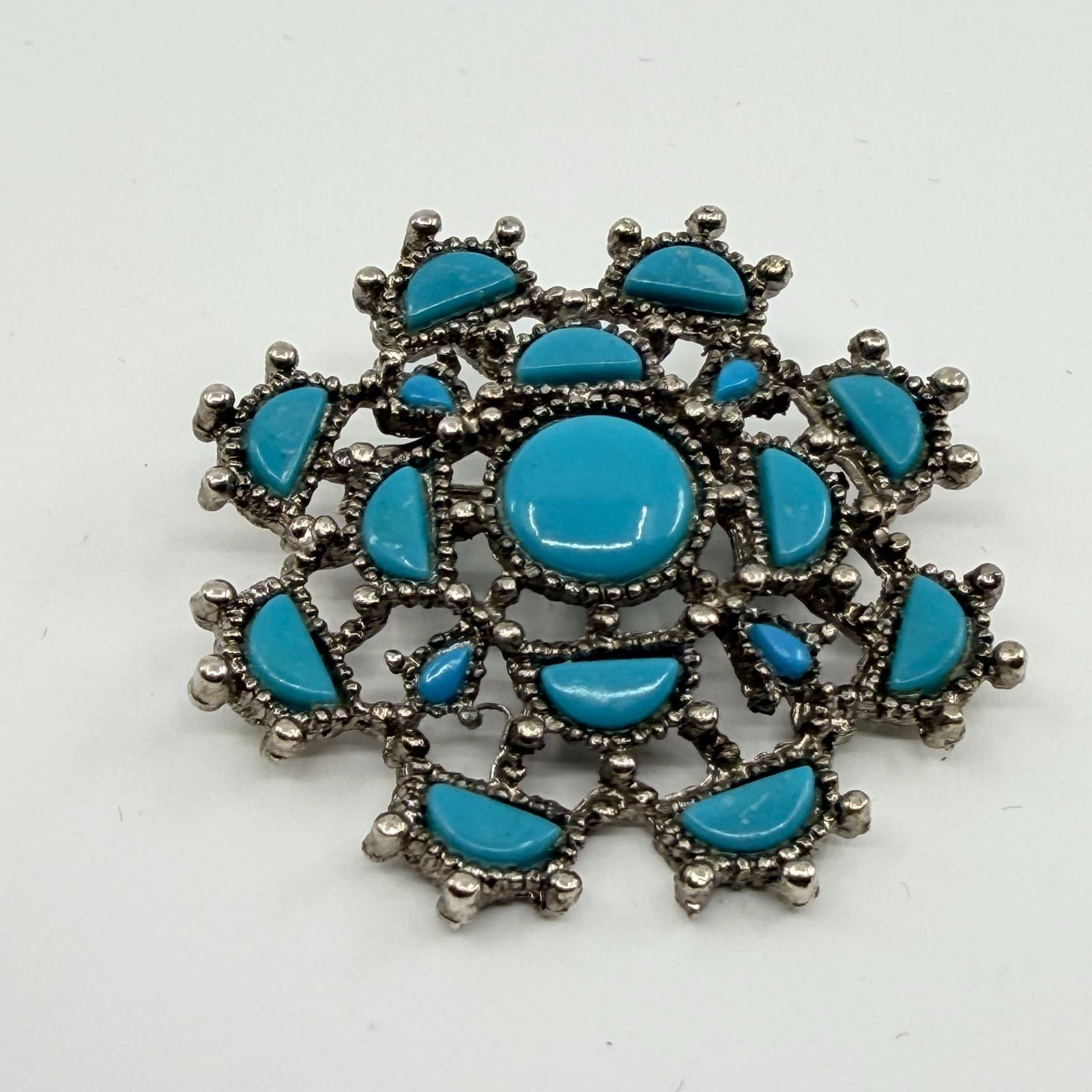 Vintage Silver Tone Simulated Turquoise Flower Brooch Pin Boho Retro Ornate 90s - Thumbnail 3