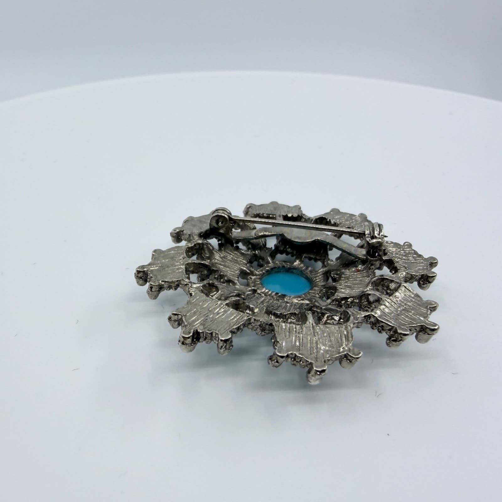 Vintage Silver Tone Simulated Turquoise Flower Brooch Pin Boho Retro Ornate 90s - Thumbnail 5