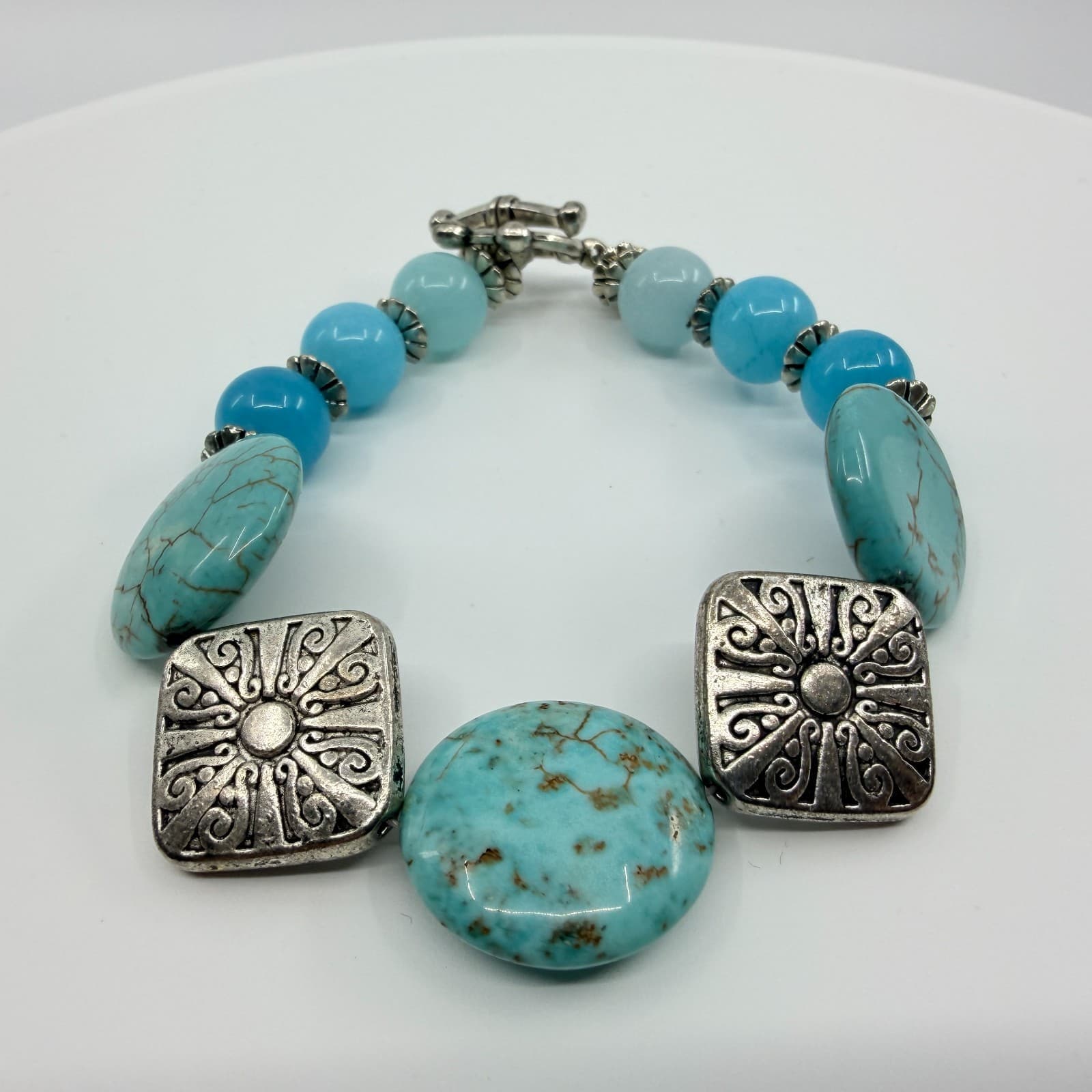 Vintage Silver Tone Simulated Turquoise Large Pebble Bead Bracelet Boho Retro - Thumbnail 2