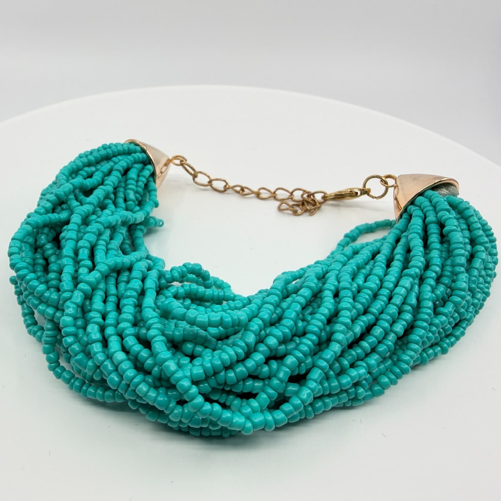 Vintage Gold Tone Simulated Turquoise Multi Strand Seed Bead Necklace Retro 90s - Thumbnail 2