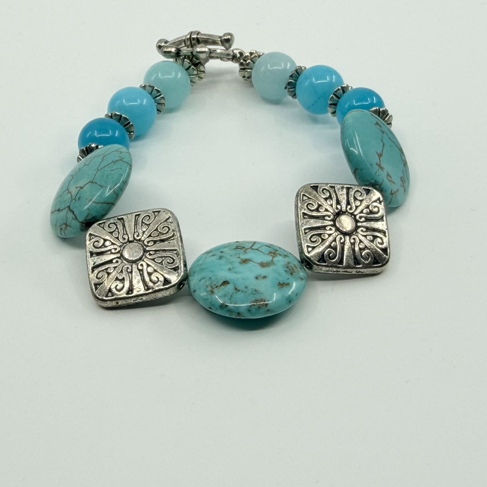 Vintage Silver Tone Simulated Turquoise Large Pebble Bead Bracelet Boho Retro - Thumbnail 8