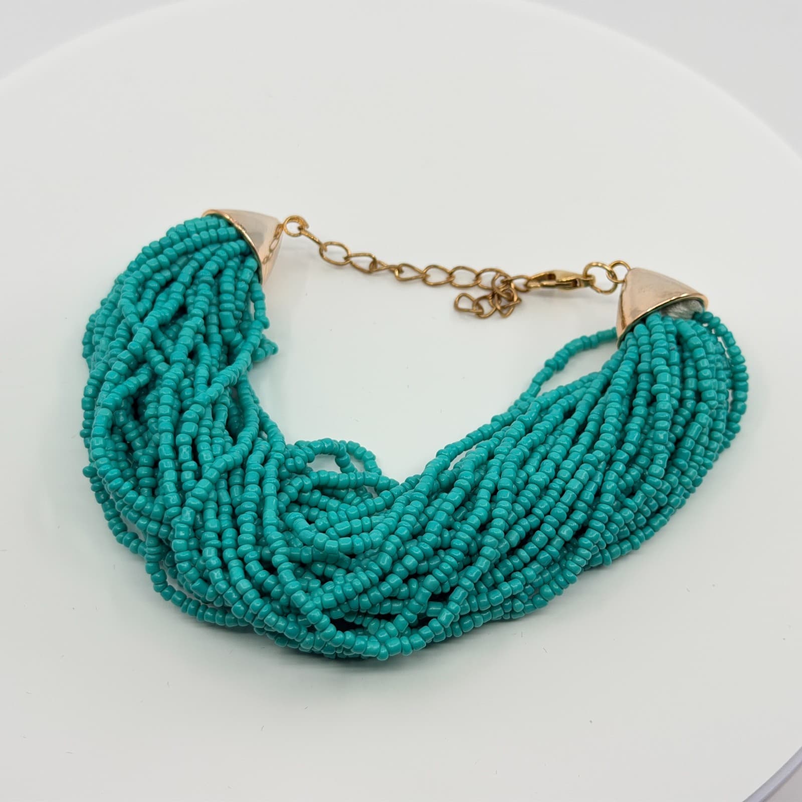 Vintage Gold Tone Simulated Turquoise Multi Strand Seed Bead Necklace Retro 90s - Thumbnail 4