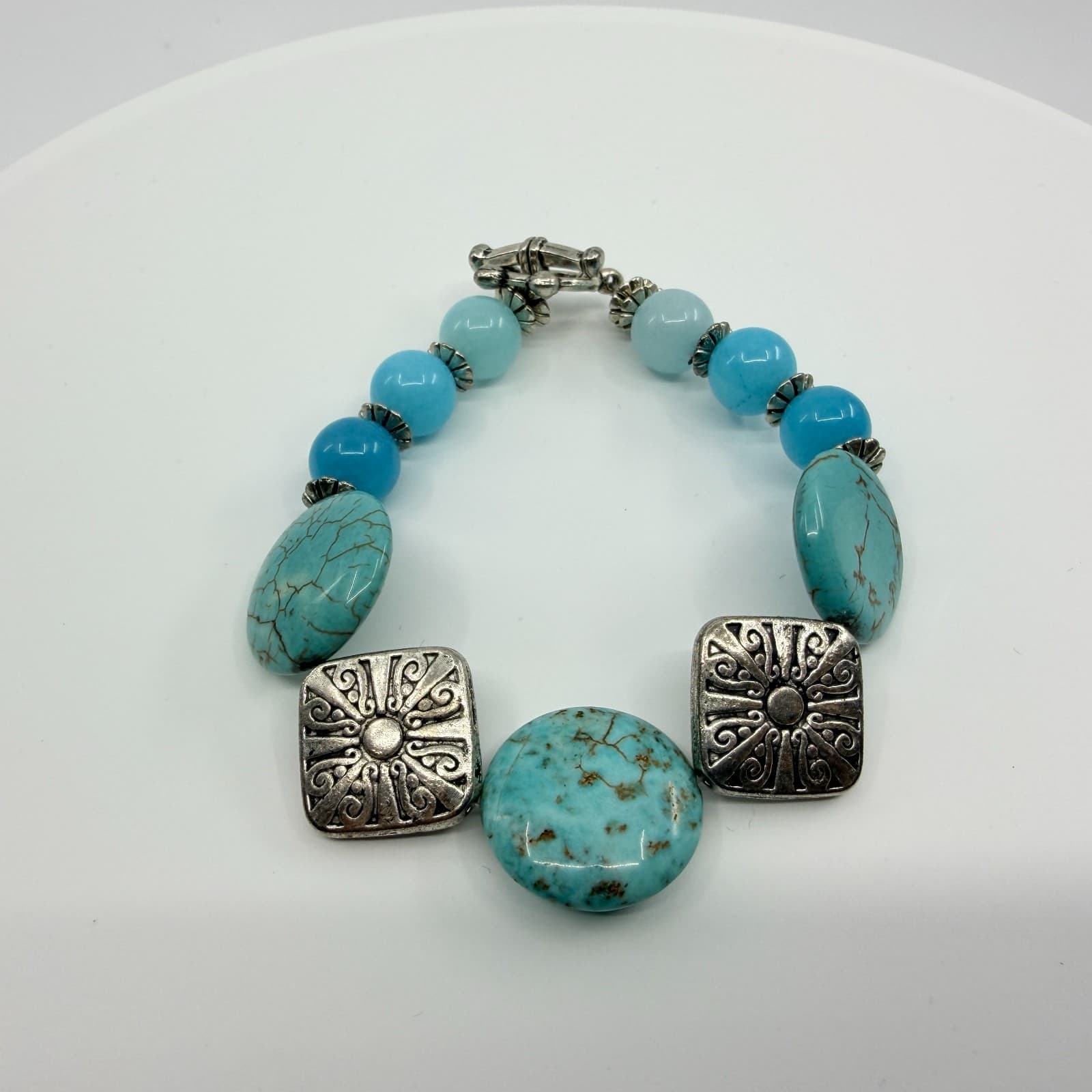 Vintage Silver Tone Simulated Turquoise Large Pebble Bead Bracelet Boho Retro - Thumbnail 3