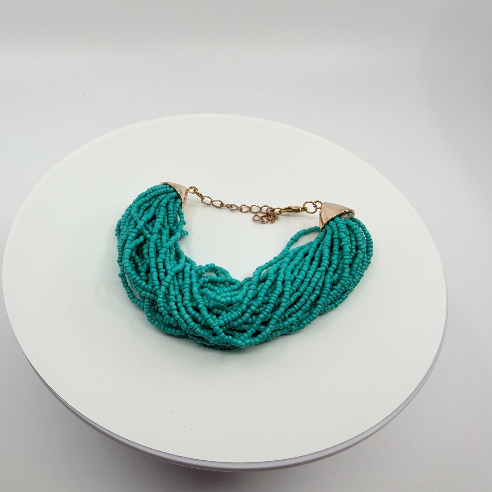 Vintage Gold Tone Simulated Turquoise Multi Strand Seed Bead Necklace Retro 90s - Thumbnail 3