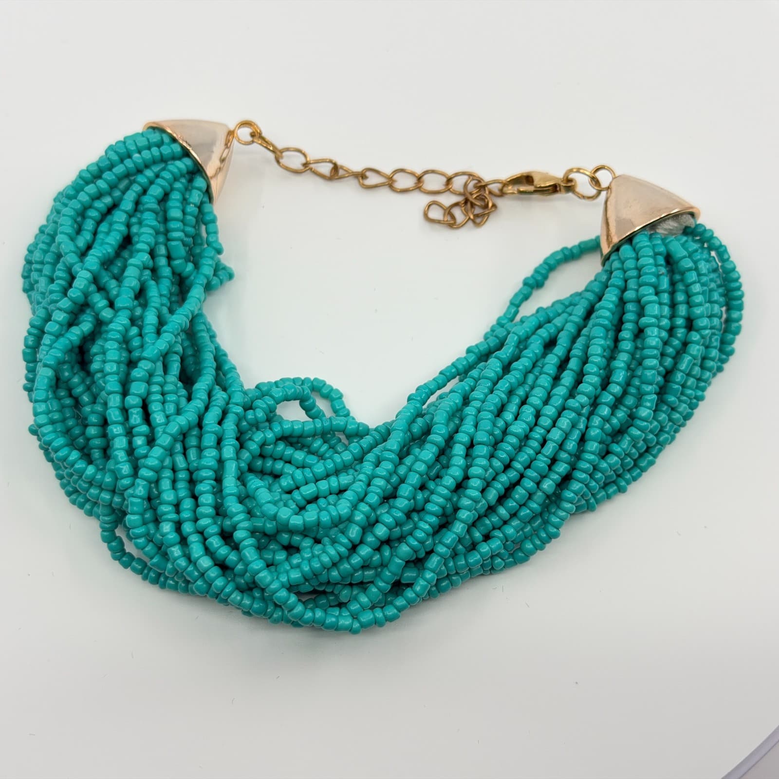 Vintage Gold Tone Simulated Turquoise Multi Strand Seed Bead Necklace Retro 90s - Thumbnail 5