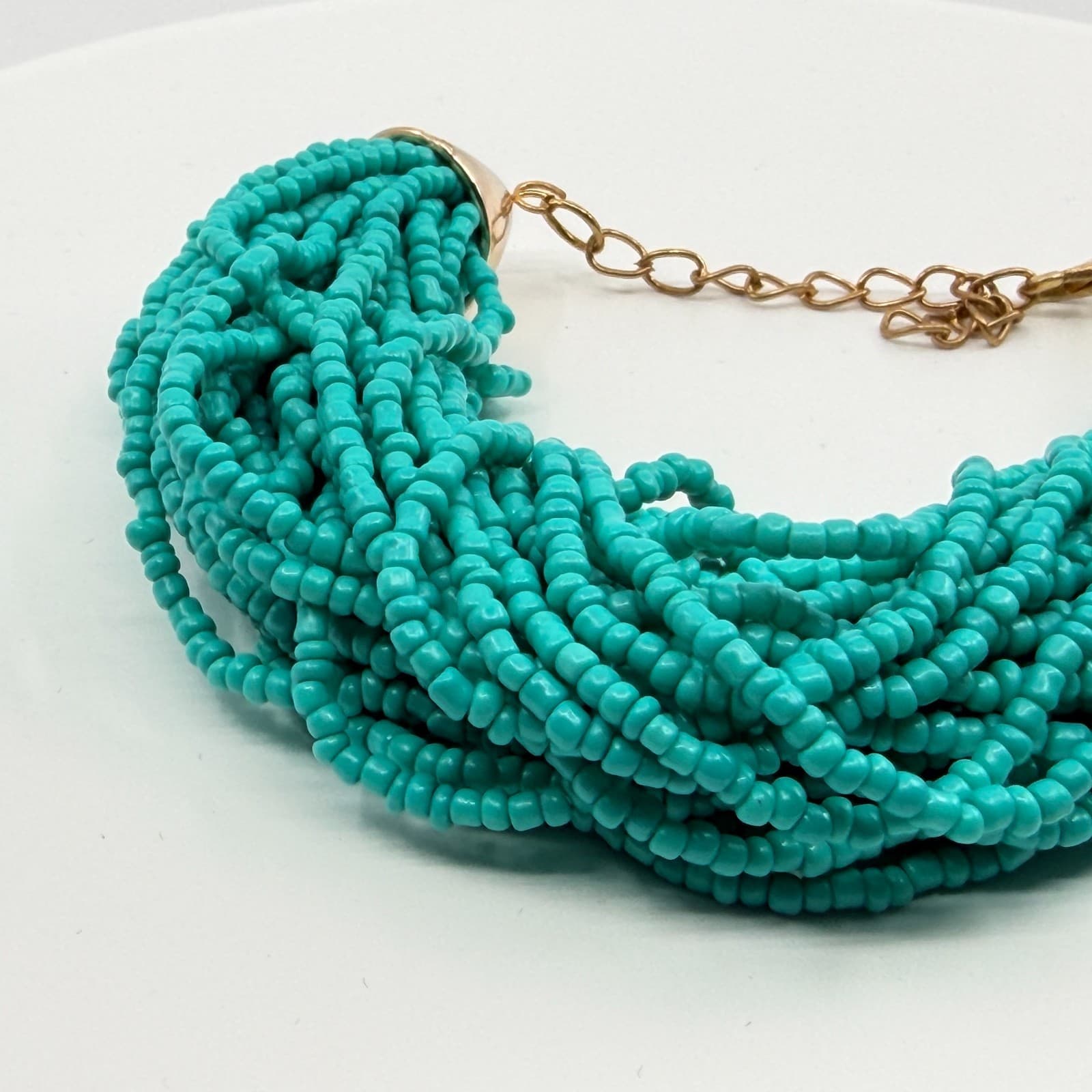 Vintage Gold Tone Simulated Turquoise Multi Strand Seed Bead Necklace Retro 90s - Thumbnail 6