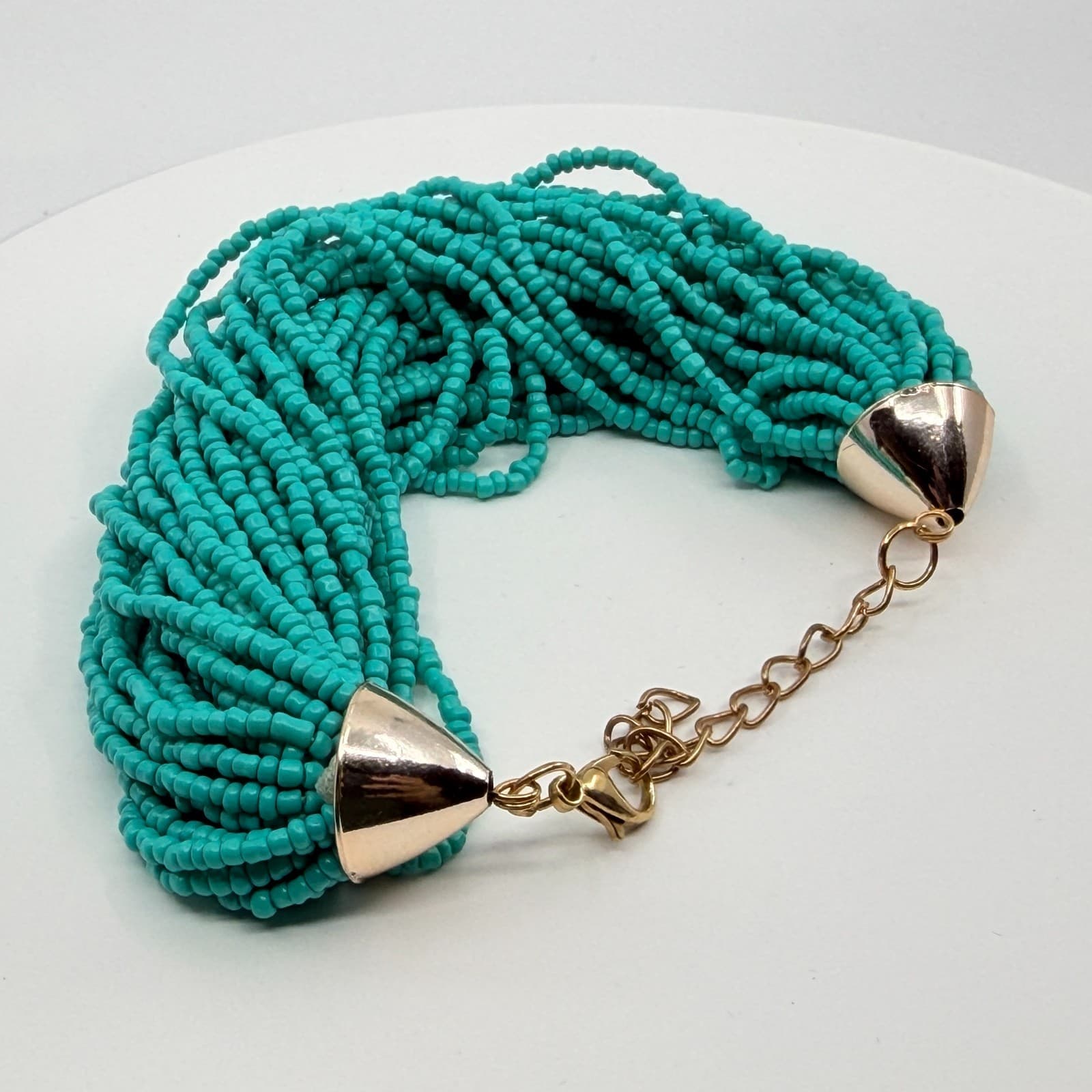 Vintage Gold Tone Simulated Turquoise Multi Strand Seed Bead Necklace Retro 90s - Thumbnail 7