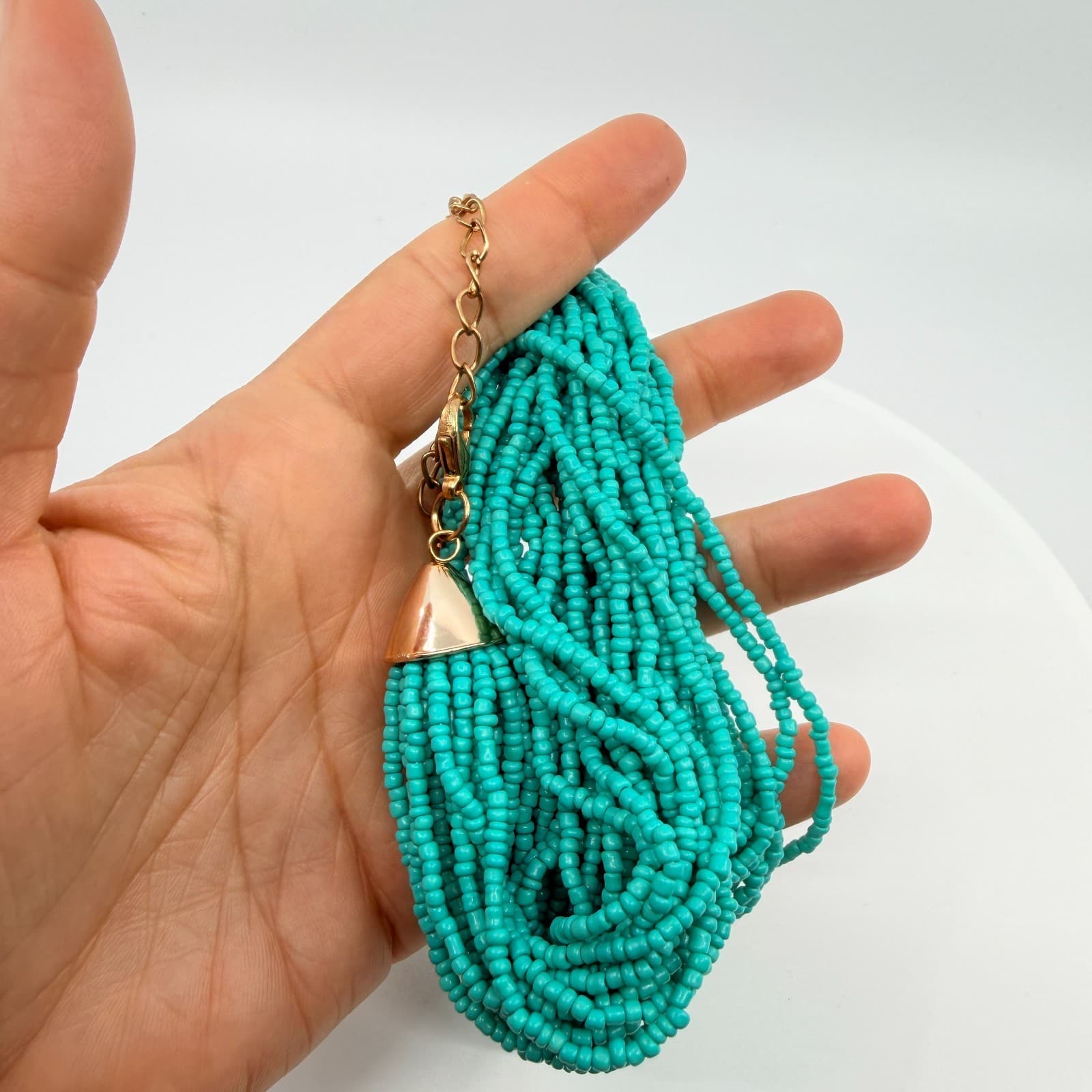 Vintage Gold Tone Simulated Turquoise Multi Strand Seed Bead Necklace Retro 90s - Thumbnail 8