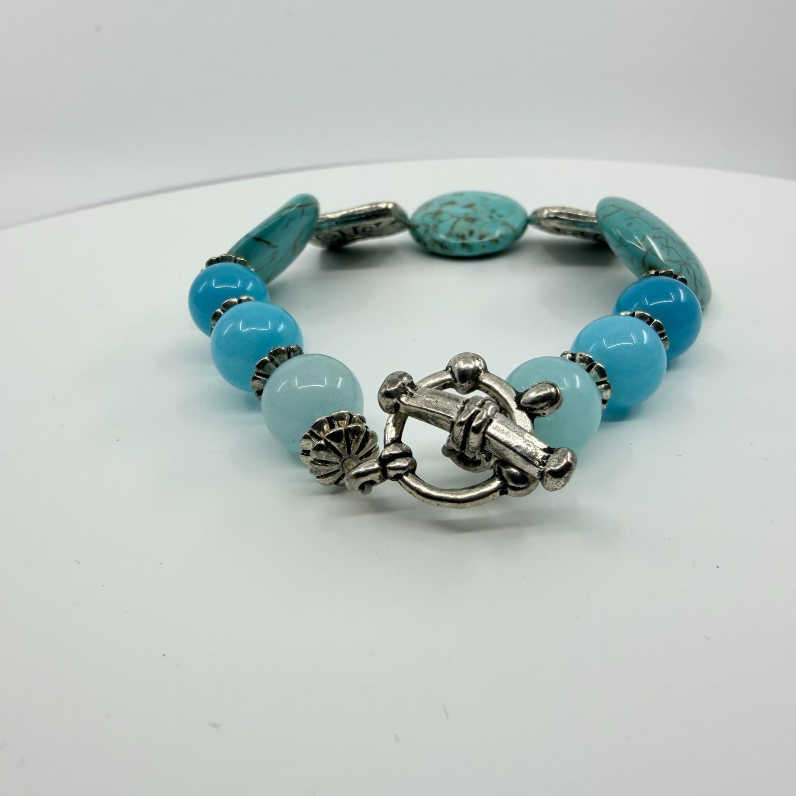 Vintage Silver Tone Simulated Turquoise Large Pebble Bead Bracelet Boho Retro - Thumbnail 5