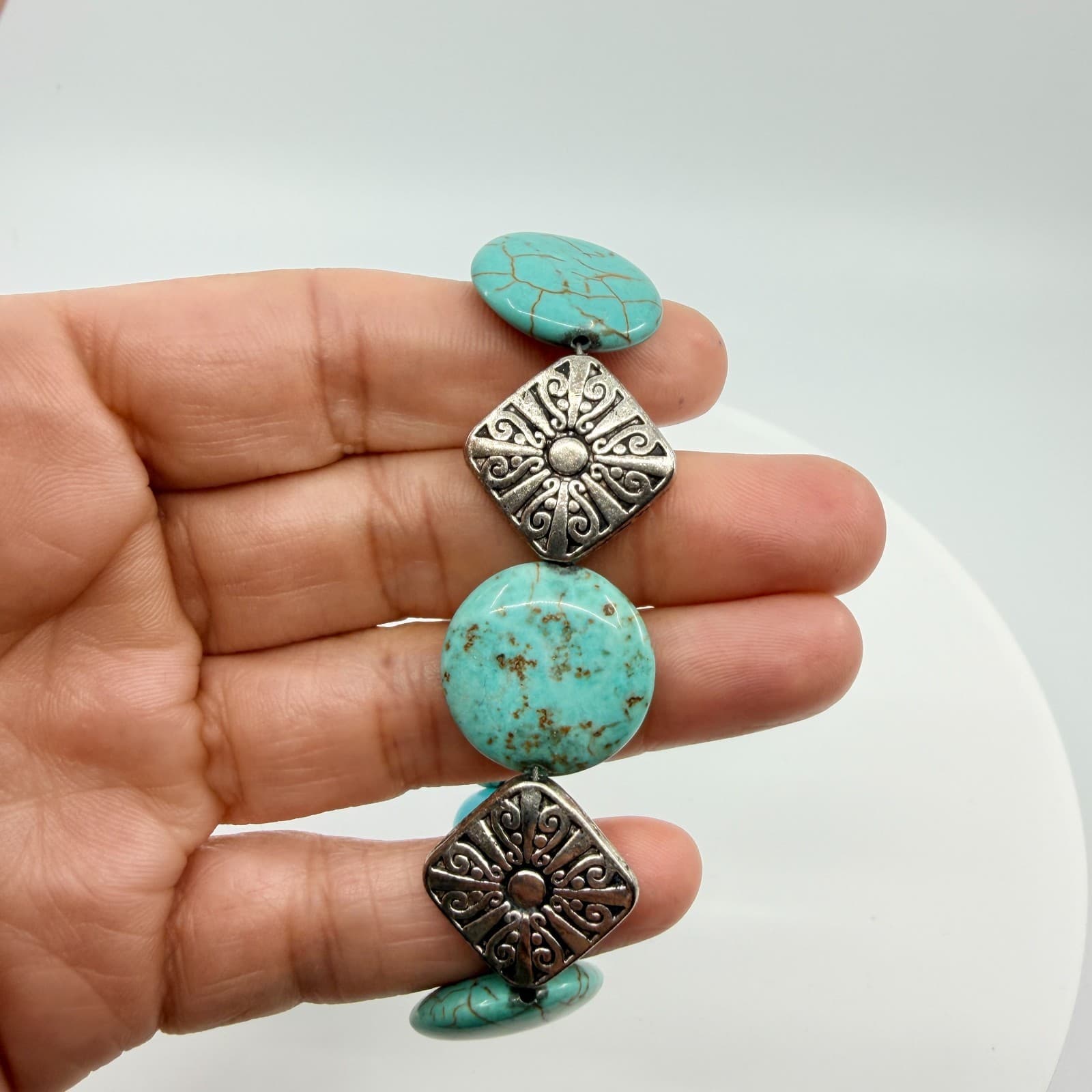 Vintage Silver Tone Simulated Turquoise Large Pebble Bead Bracelet Boho Retro - Thumbnail 9