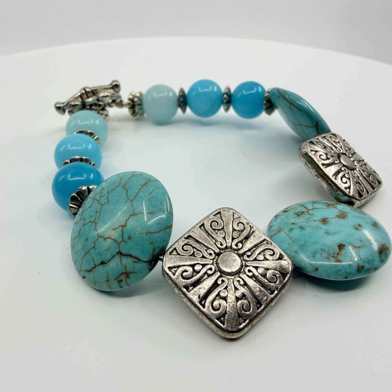 Vintage Silver Tone Simulated Turquoise Large Pebble Bead Bracelet Boho Retro - Thumbnail 4