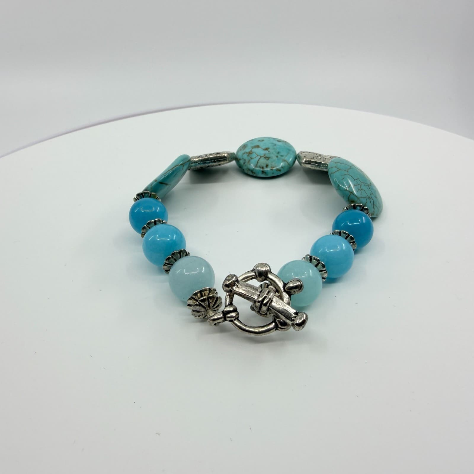 Vintage Silver Tone Simulated Turquoise Large Pebble Bead Bracelet Boho Retro - Thumbnail 6
