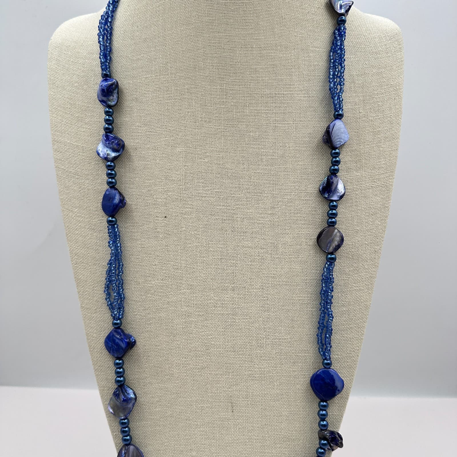 Vintage 90s Blue Mother of Pearl Shell & Glass Bead Multi-Strand Opera Necklace - Thumbnail 3