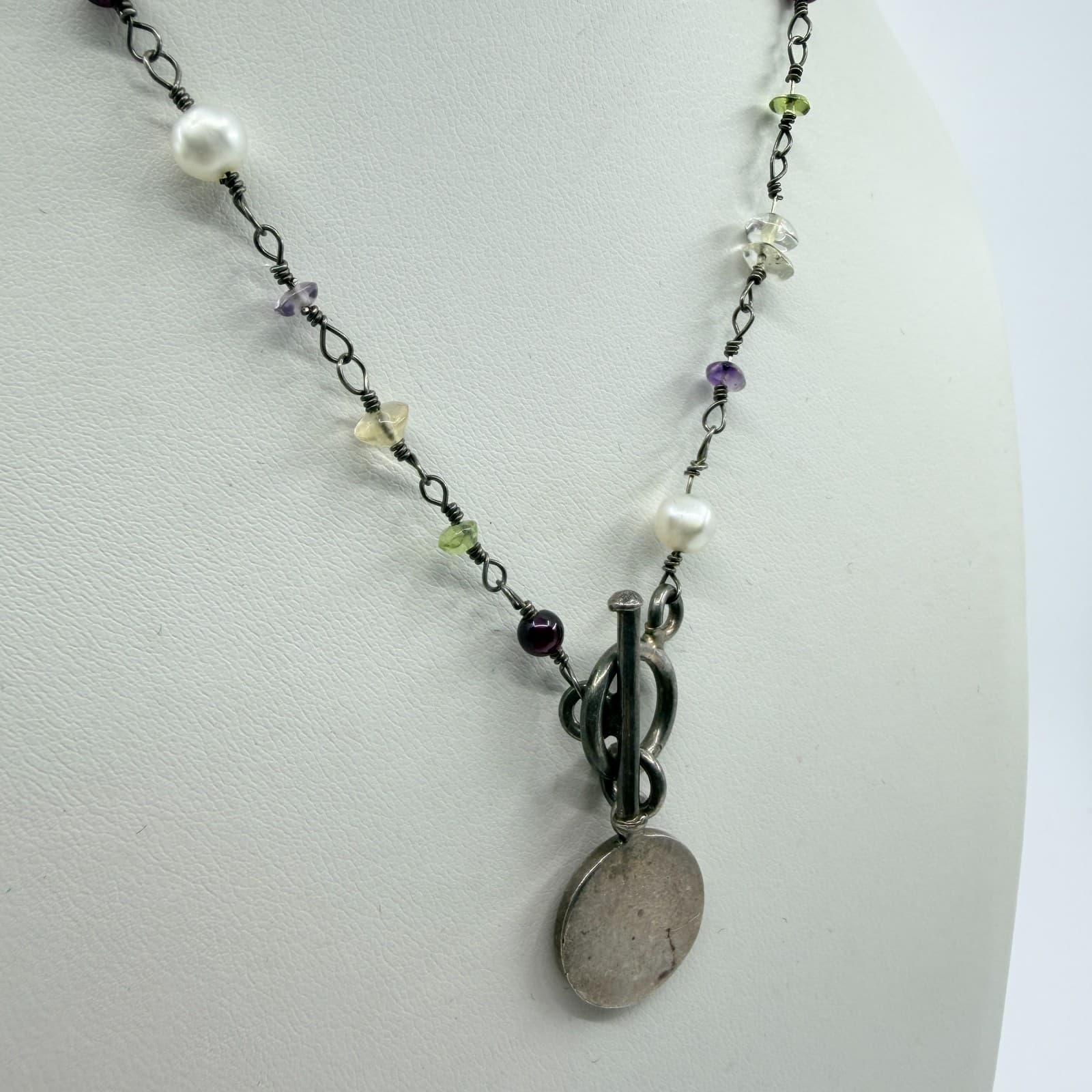 Vintage Silver Tone Simulated Pearl Multi Stone Toggle Pendant Necklace Boho 90s - Thumbnail 2