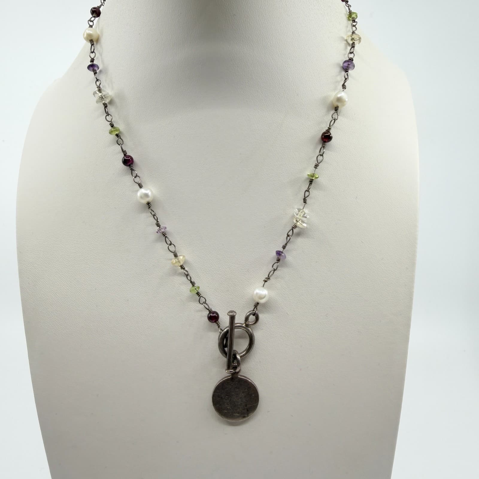 Vintage Silver Tone Simulated Pearl Multi Stone Toggle Pendant Necklace Boho 90s - Thumbnail 5