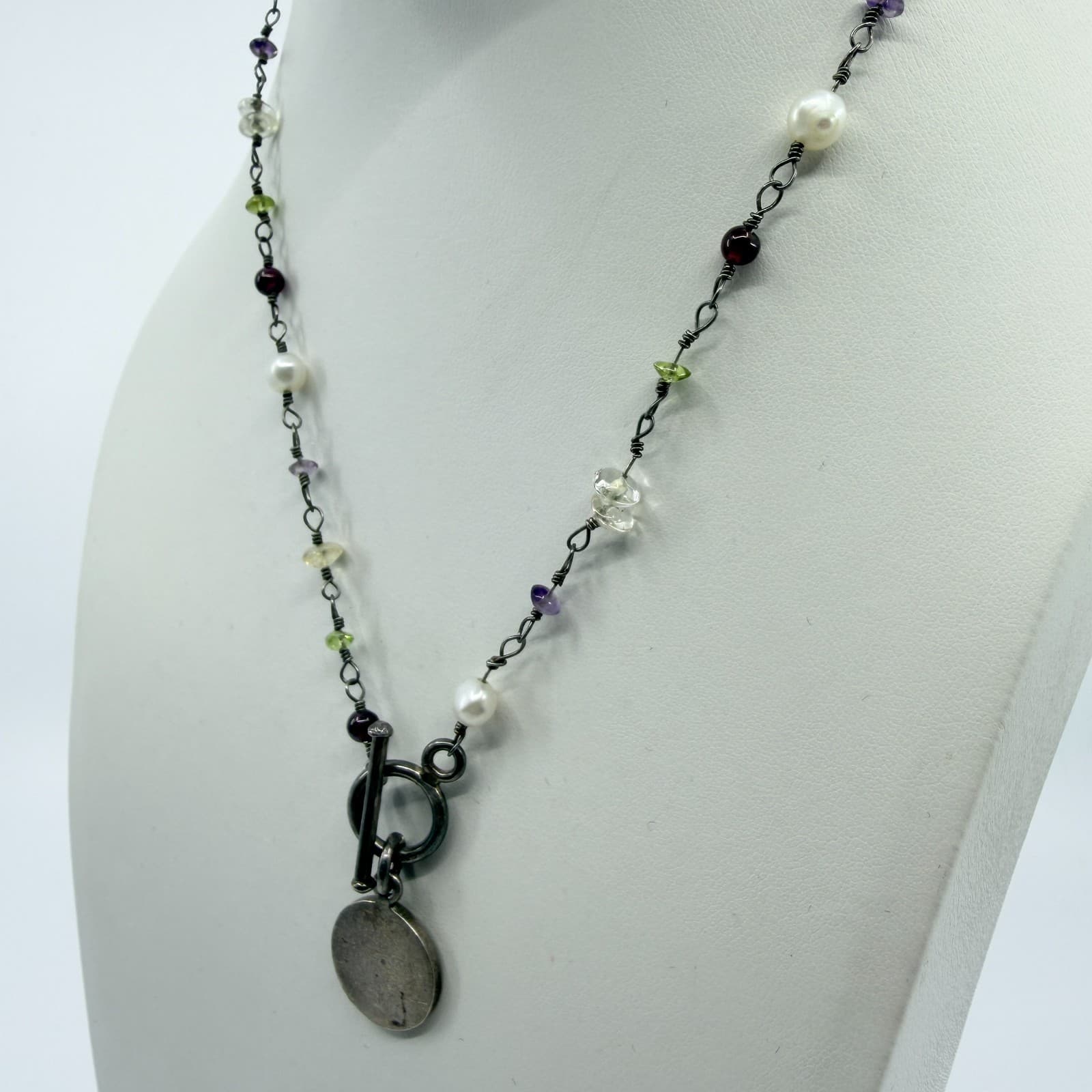Vintage Silver Tone Simulated Pearl Multi Stone Toggle Pendant Necklace Boho 90s - Thumbnail 3