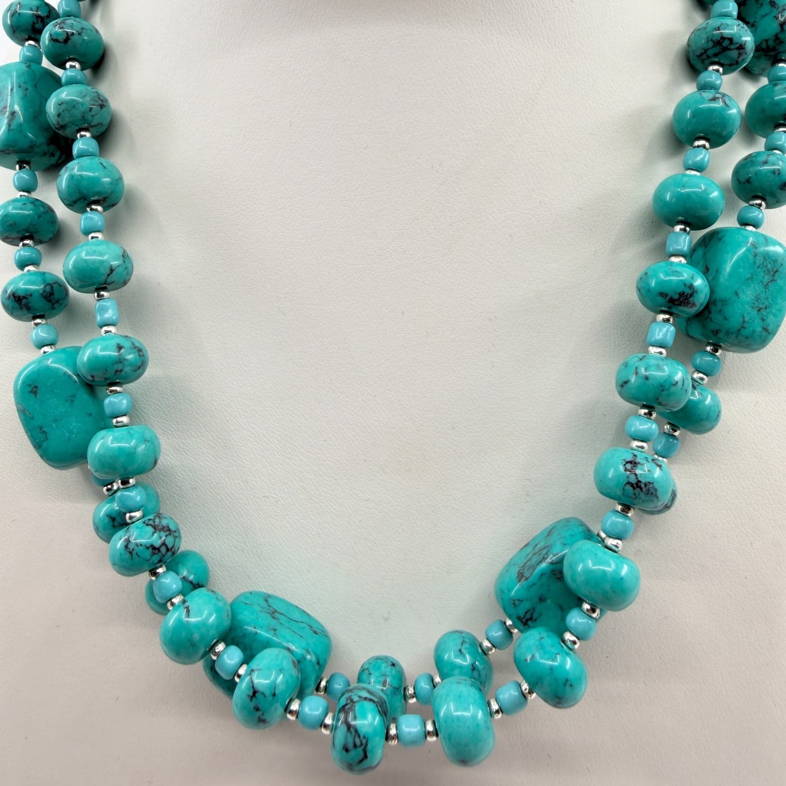 Vintage Silver Tone Simulated Turquoise Multi Strand Chunky Bead Necklace Boho - Thumbnail 6