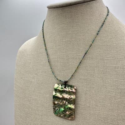 Vintage Y2K Silver Tone Abalone Shell Beaded Pendant Necklace Women's Jewelry - Thumbnail 5