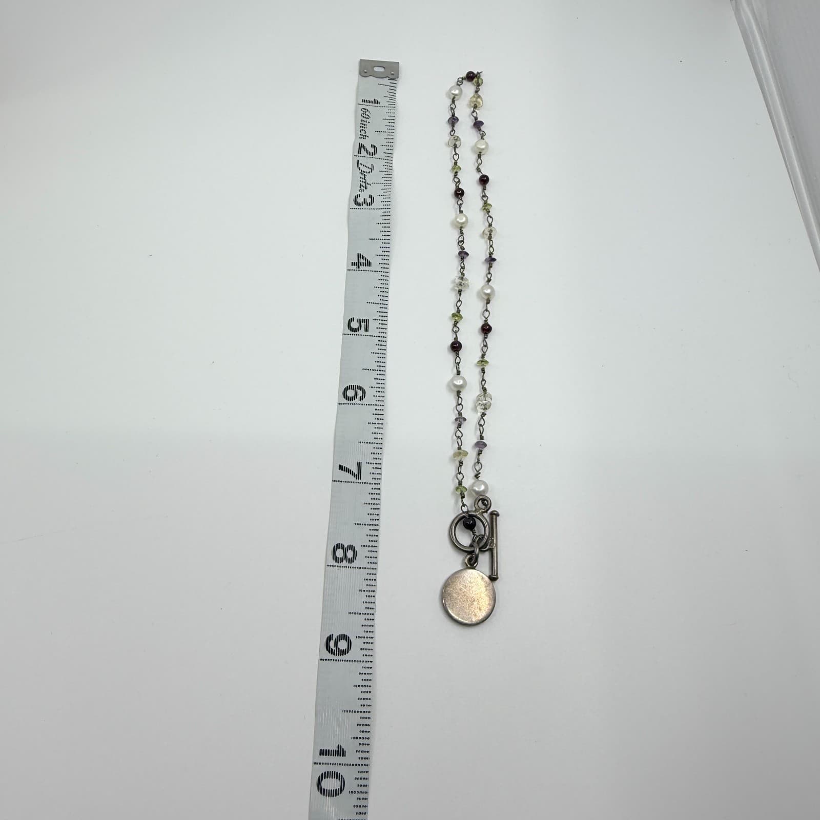 Vintage Silver Tone Simulated Pearl Multi Stone Toggle Pendant Necklace Boho 90s - Thumbnail 7