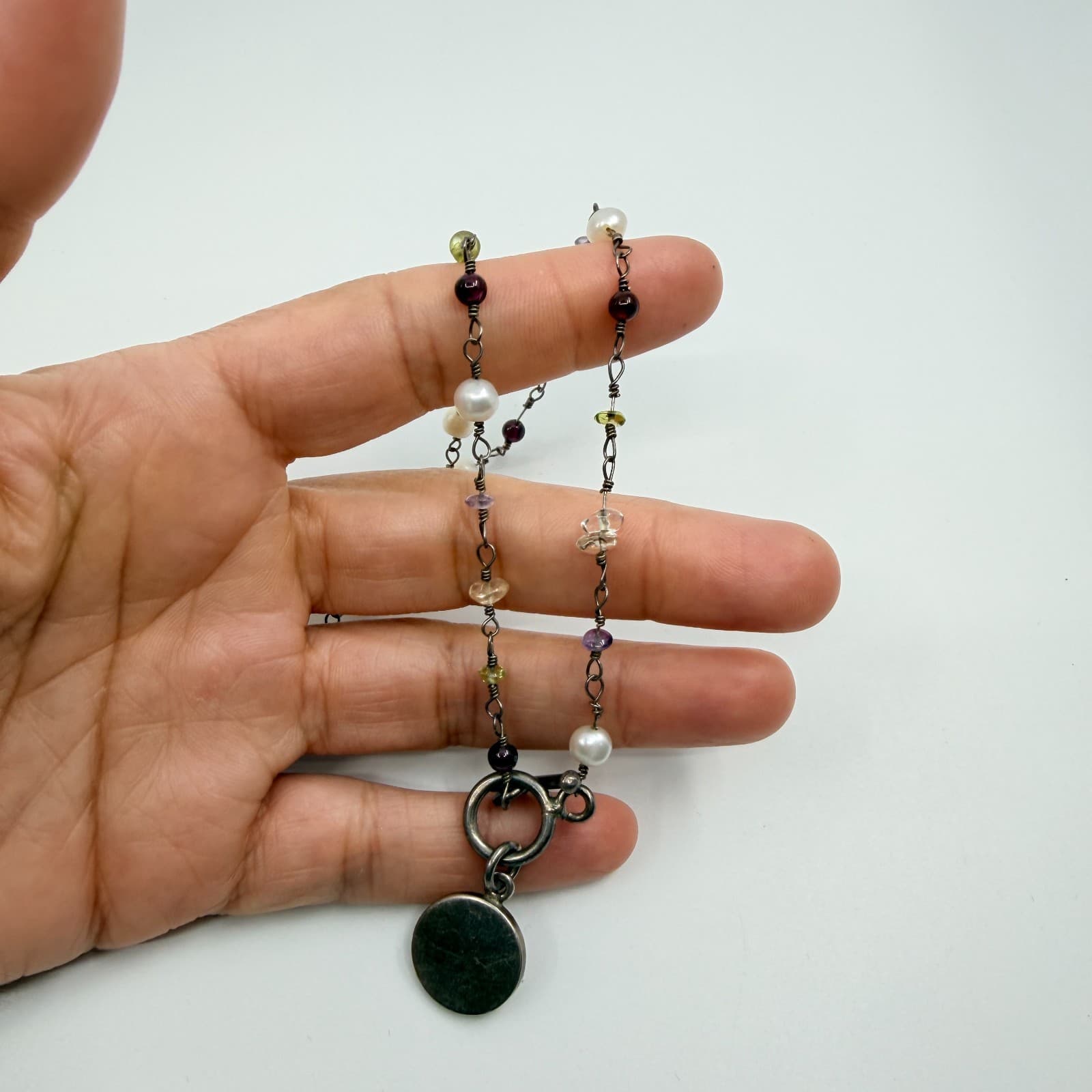 Vintage Silver Tone Simulated Pearl Multi Stone Toggle Pendant Necklace Boho 90s - Thumbnail 6