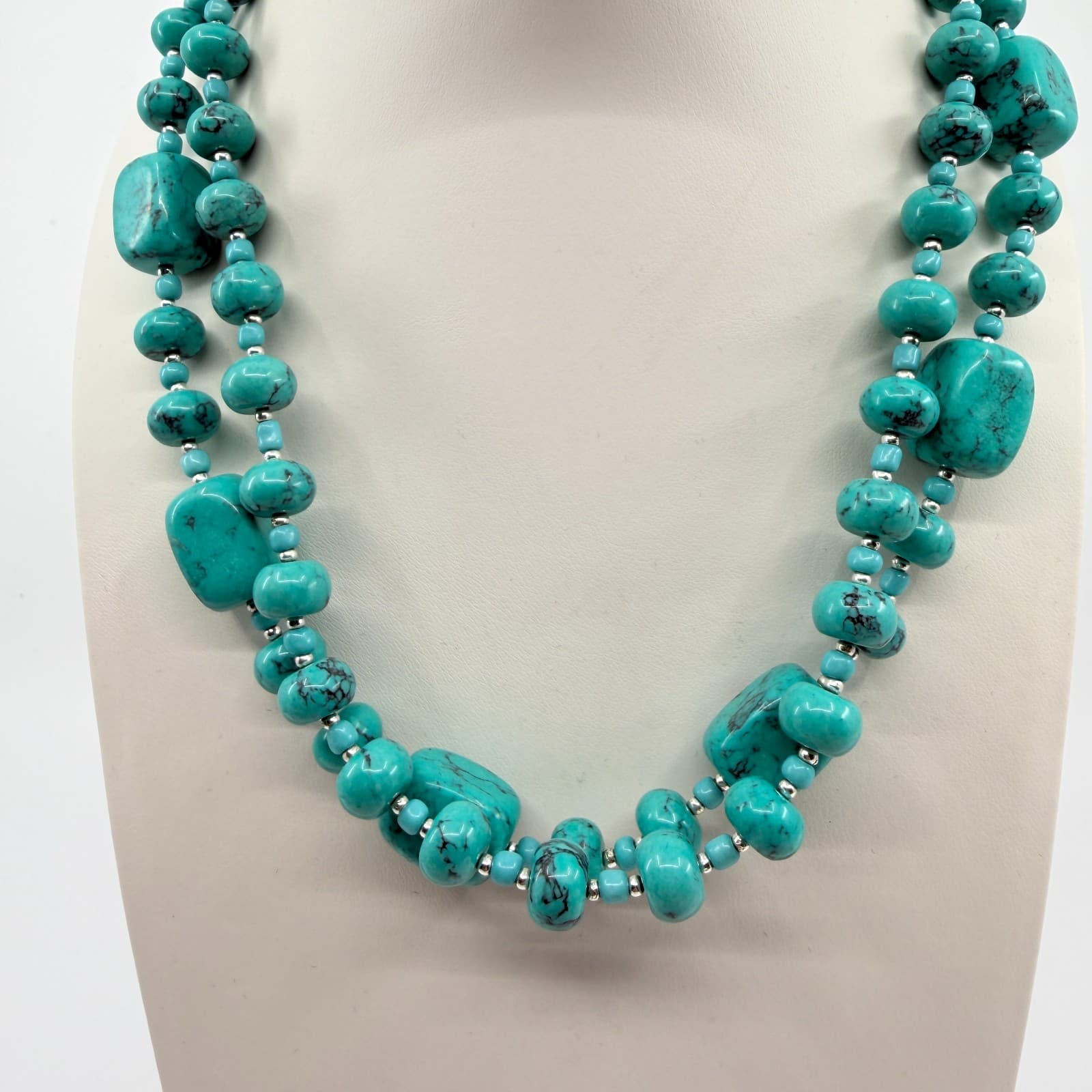Vintage Silver Tone Simulated Turquoise Multi Strand Chunky Bead Necklace Boho - Thumbnail 5