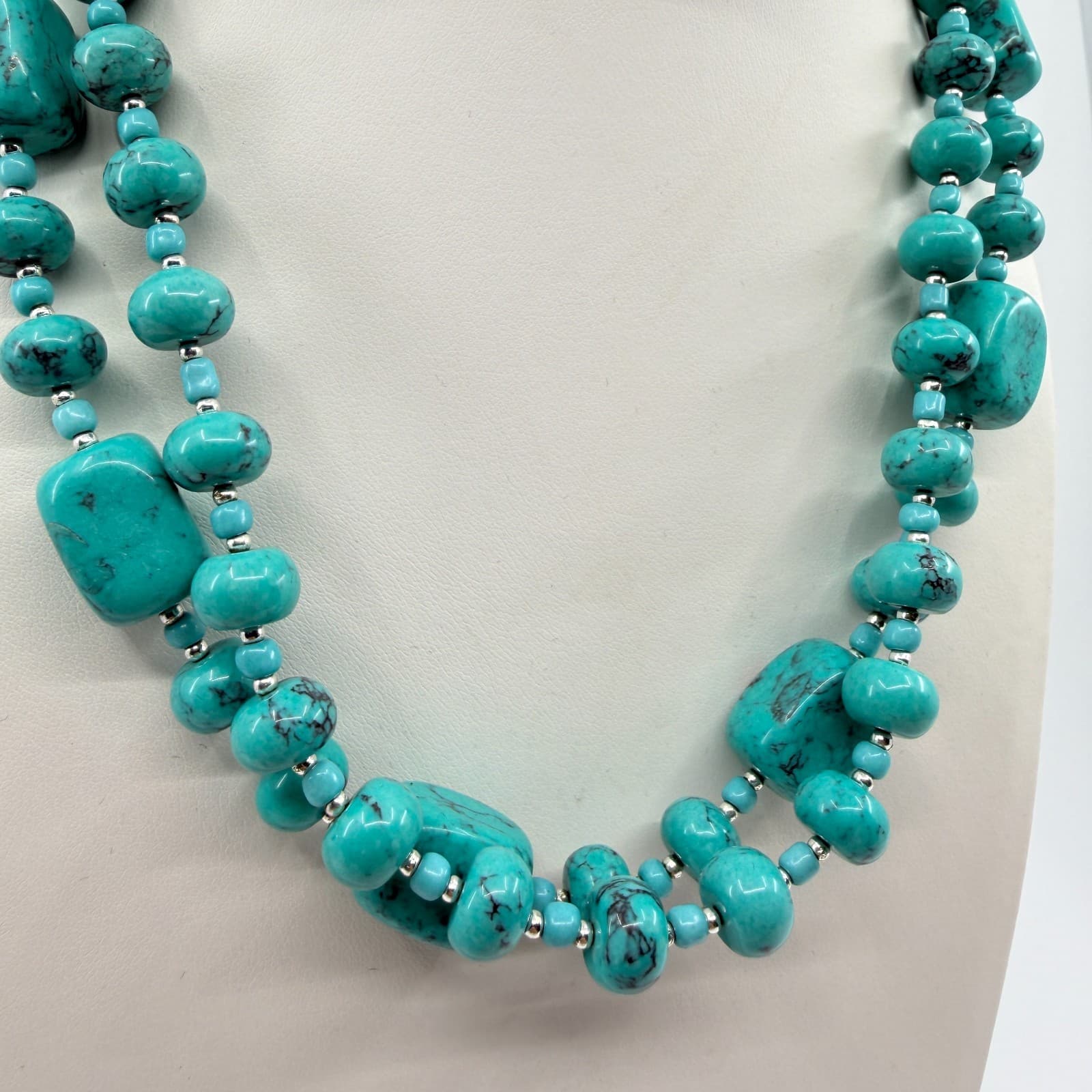 Vintage Silver Tone Simulated Turquoise Multi Strand Chunky Bead Necklace Boho - Thumbnail 2