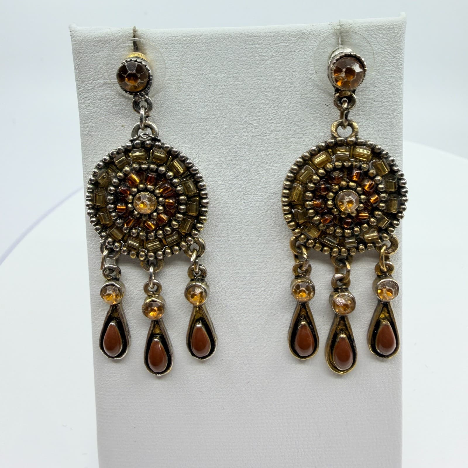 Vintage Silver Tone Amber Color Crystal Seed Bead Mandala Drop Earrings Boho Mod - Thumbnail 5