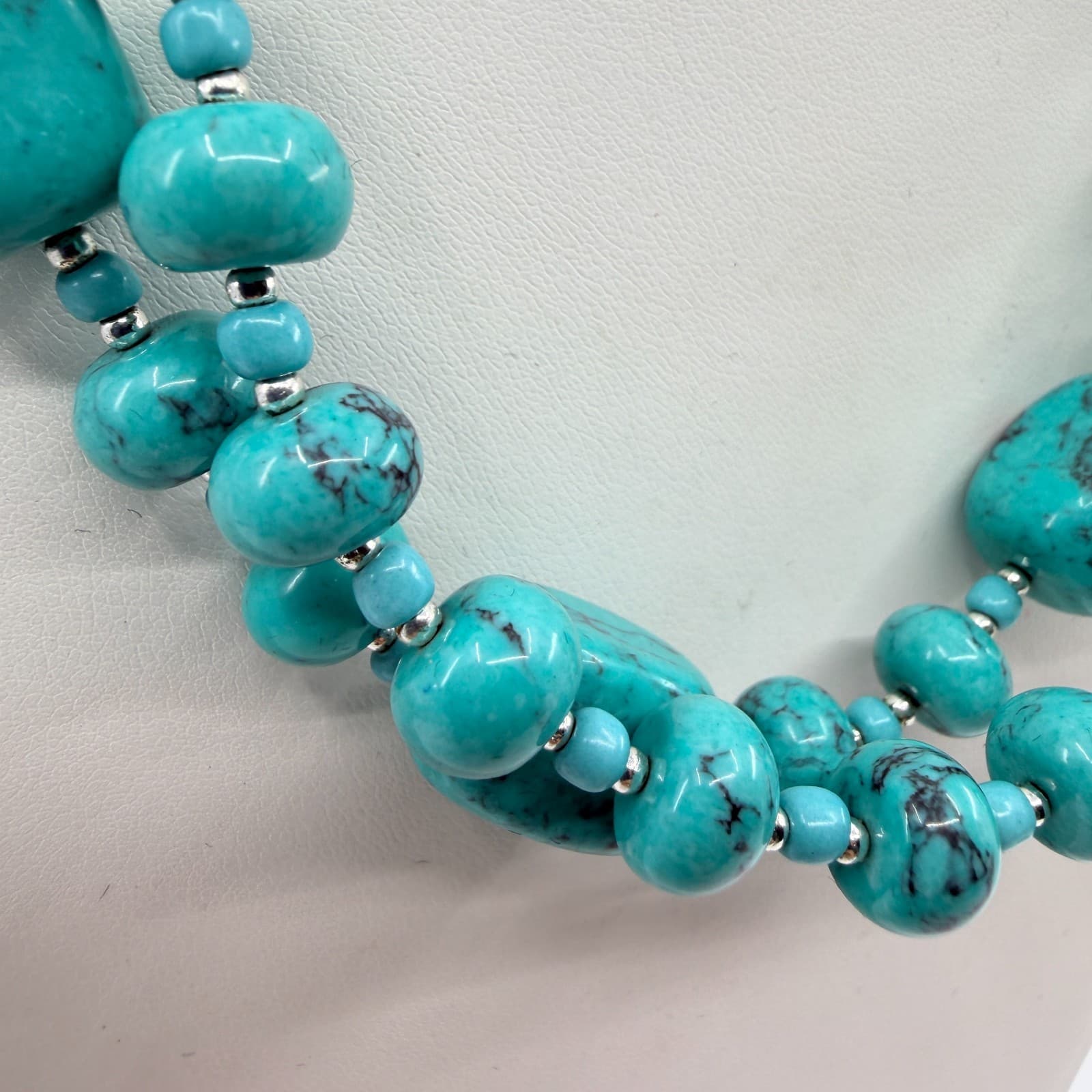 Vintage Silver Tone Simulated Turquoise Multi Strand Chunky Bead Necklace Boho - Thumbnail 4
