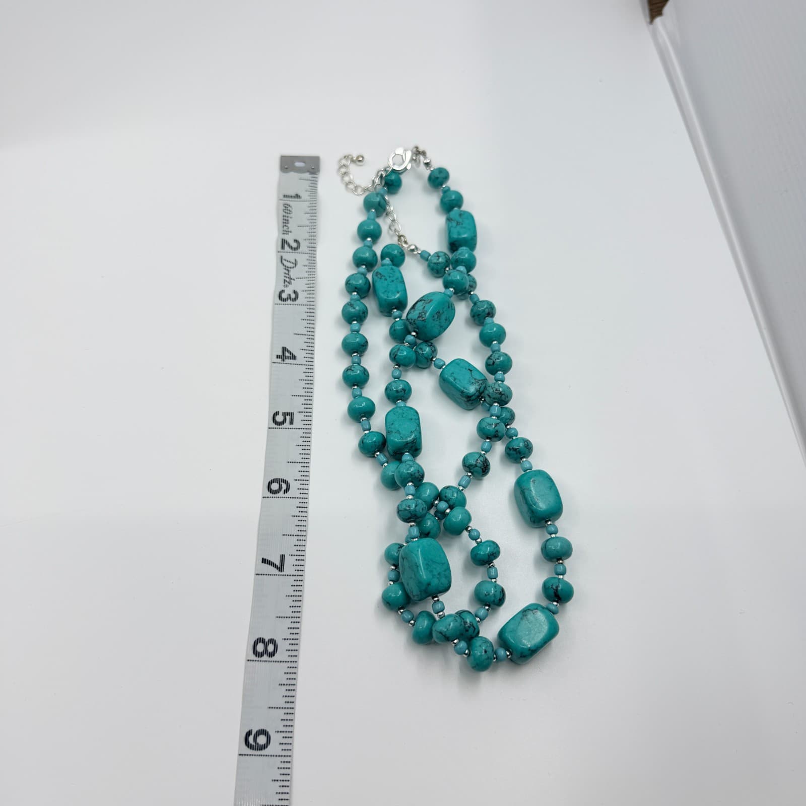 Vintage Silver Tone Simulated Turquoise Multi Strand Chunky Bead Necklace Boho - Thumbnail 11