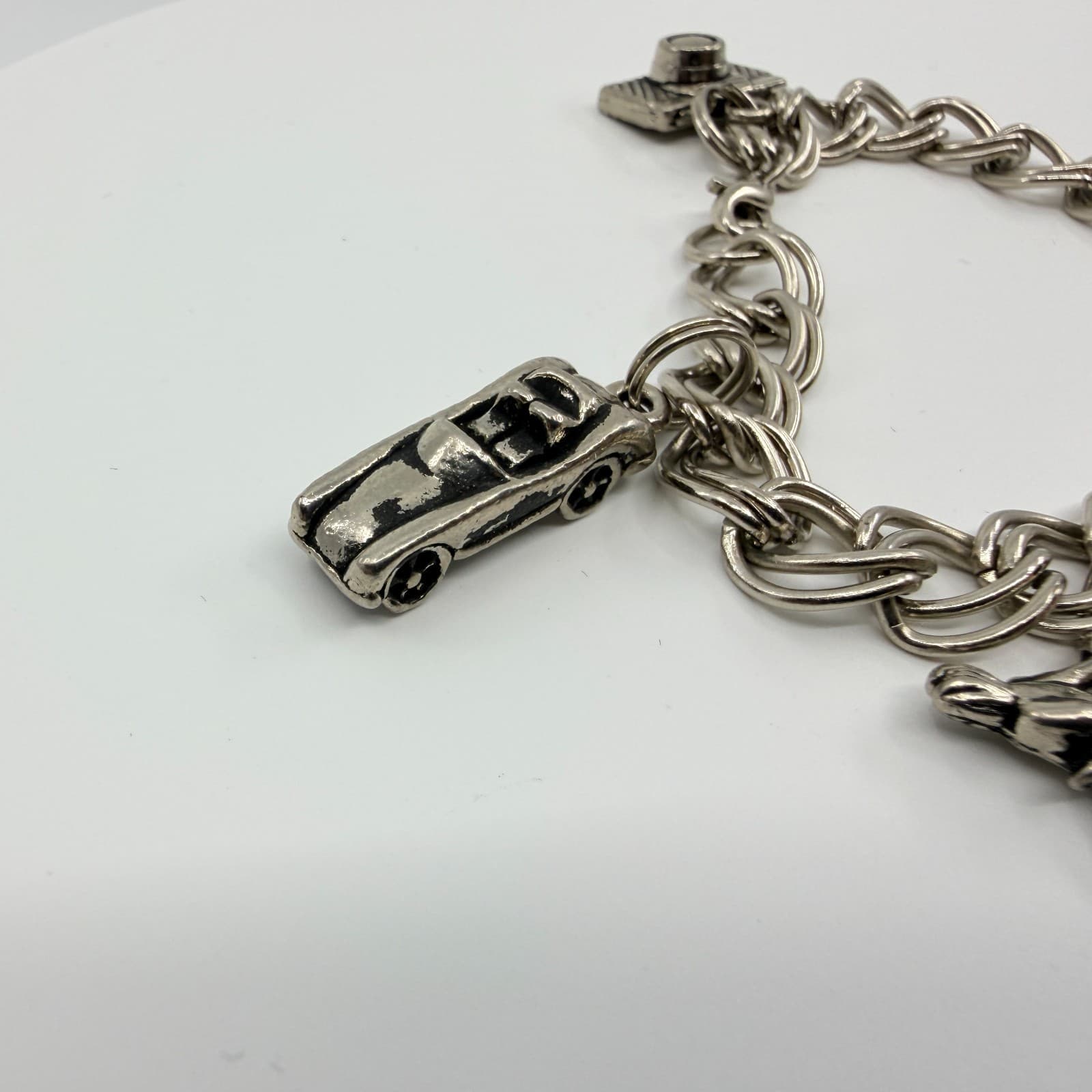 Vintage Silver Tone Multi Charm Bracelet Camera Shoe Car Dancing Couple Retro - Thumbnail 5