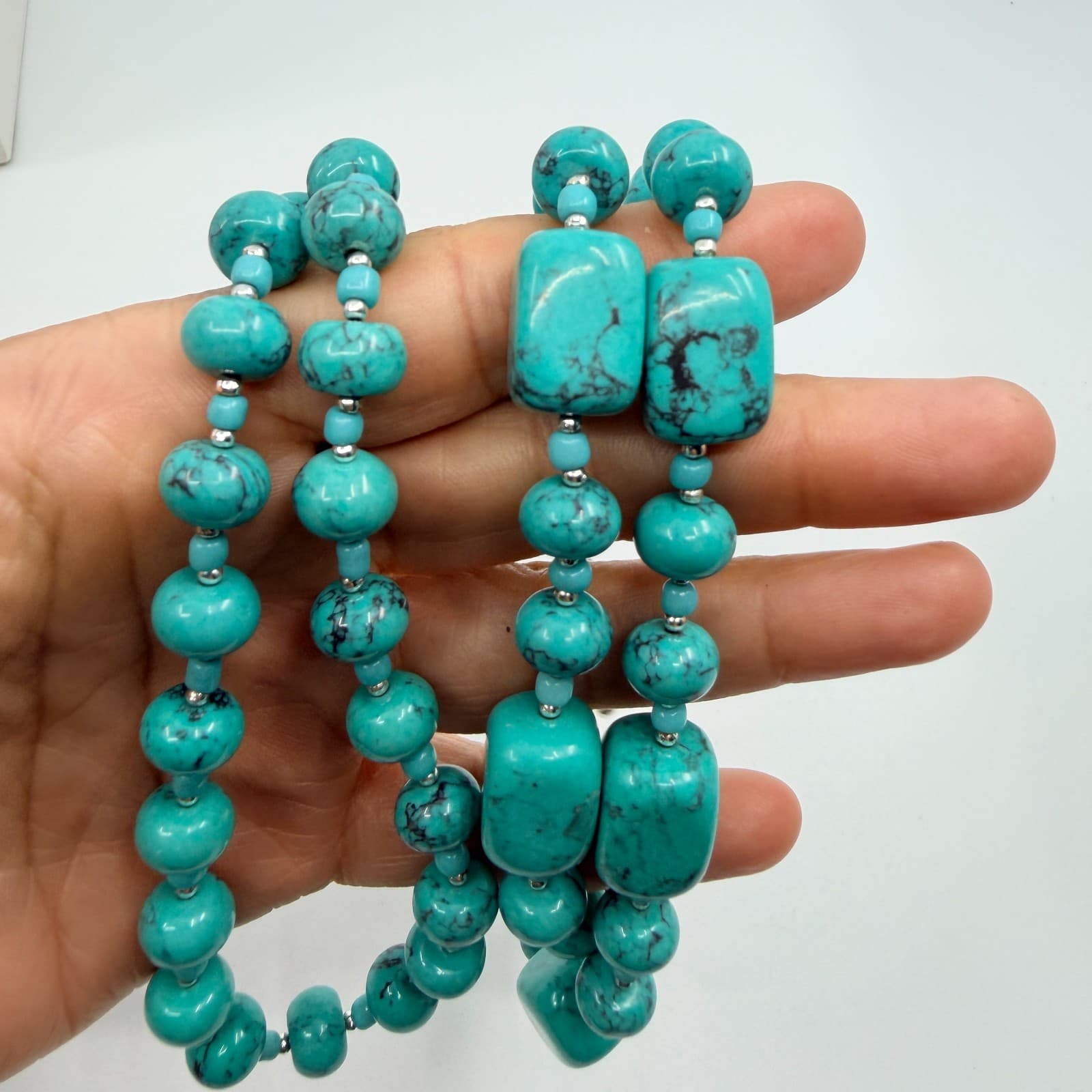 Vintage Silver Tone Simulated Turquoise Multi Strand Chunky Bead Necklace Boho - Thumbnail 10
